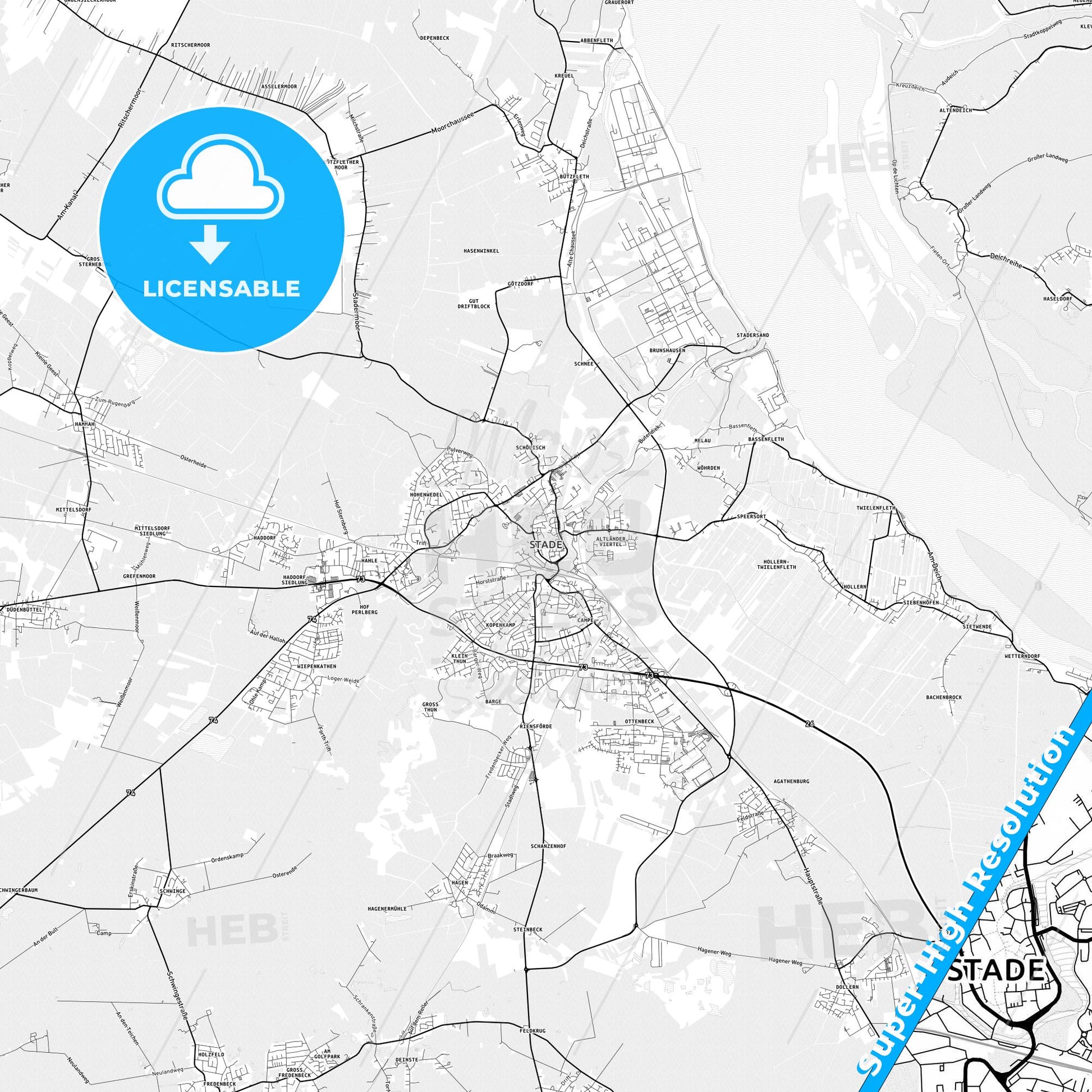 Stade, Germany light map with streetnames, citynames and districts
