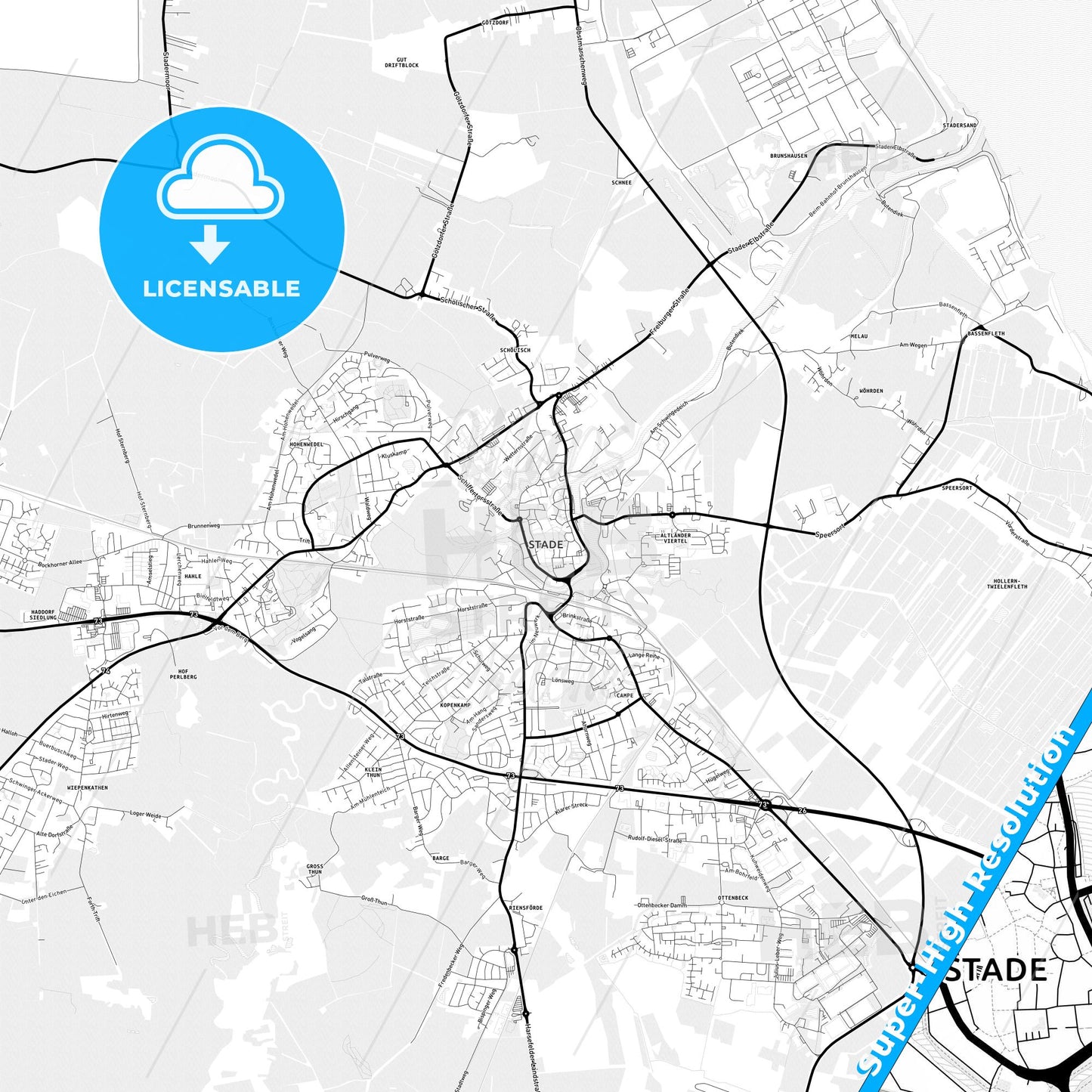 Stade, Germany Light Map with Street Names, City Names, and Districts