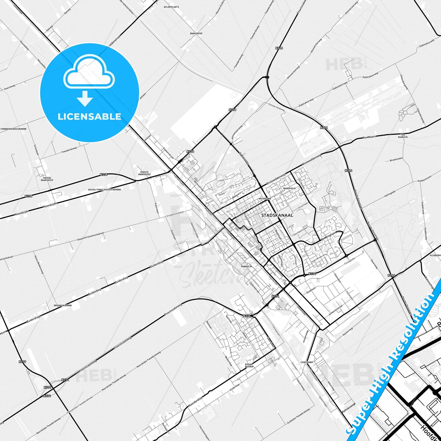 Stadskanaal, Netherlands Light Map with Street Names, City Names, and Districts