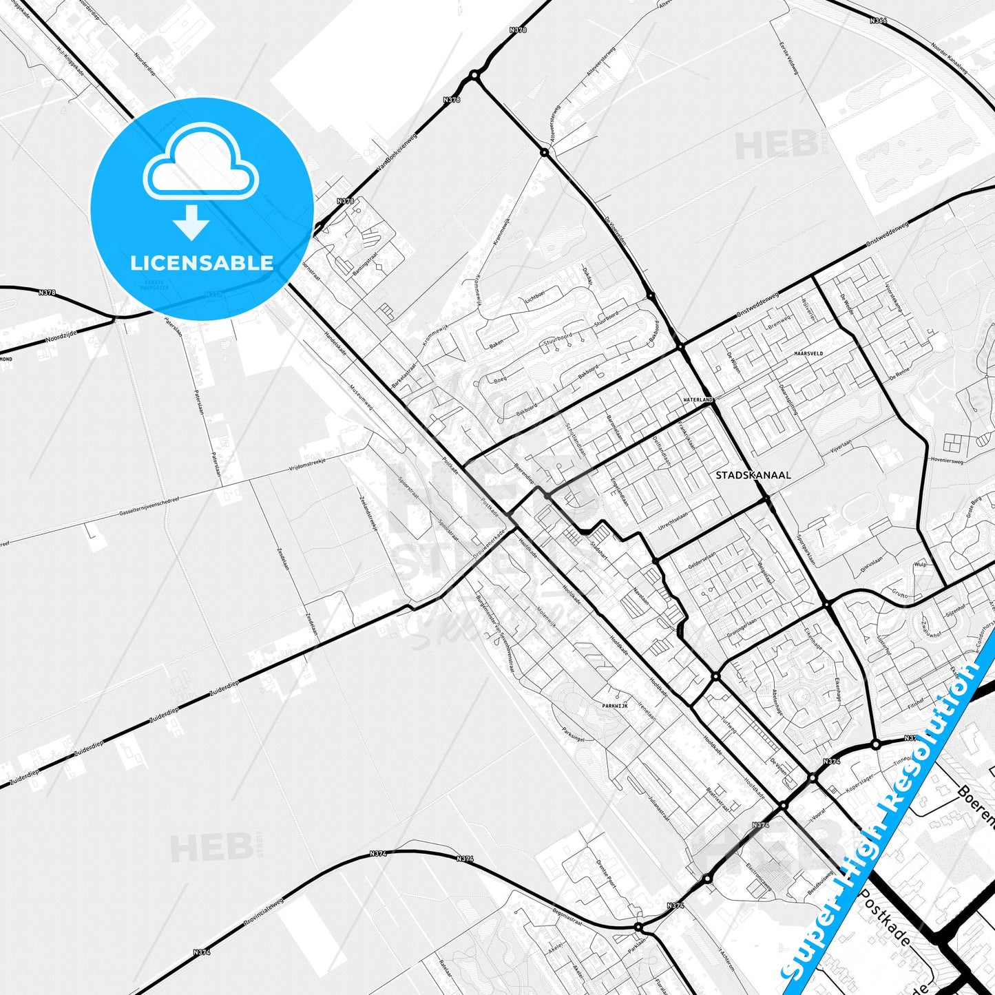 Stadskanaal, Netherlands Light Map with Street Names, City Names, and Districts