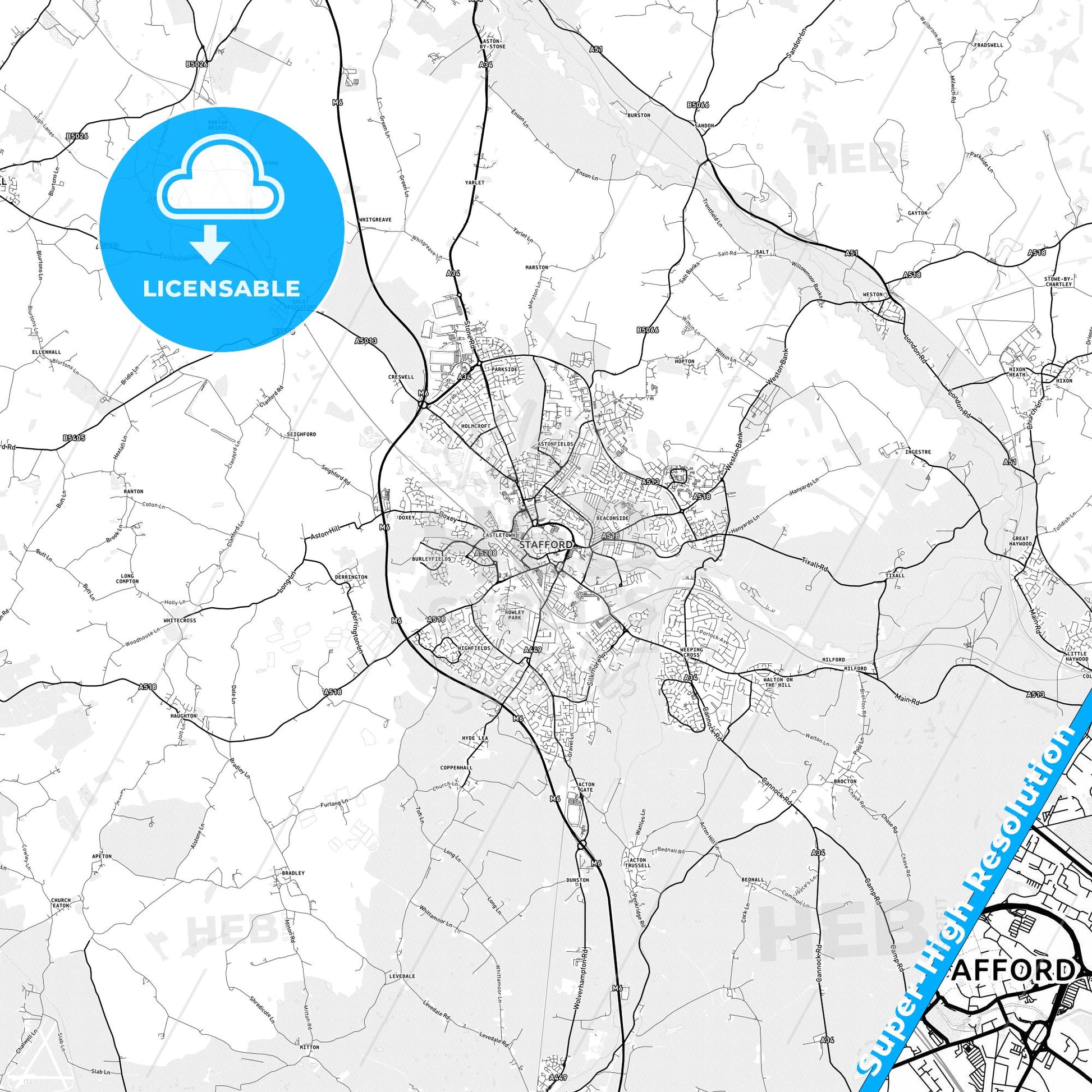 Stafford, England light map with streetnames, citynames and districts