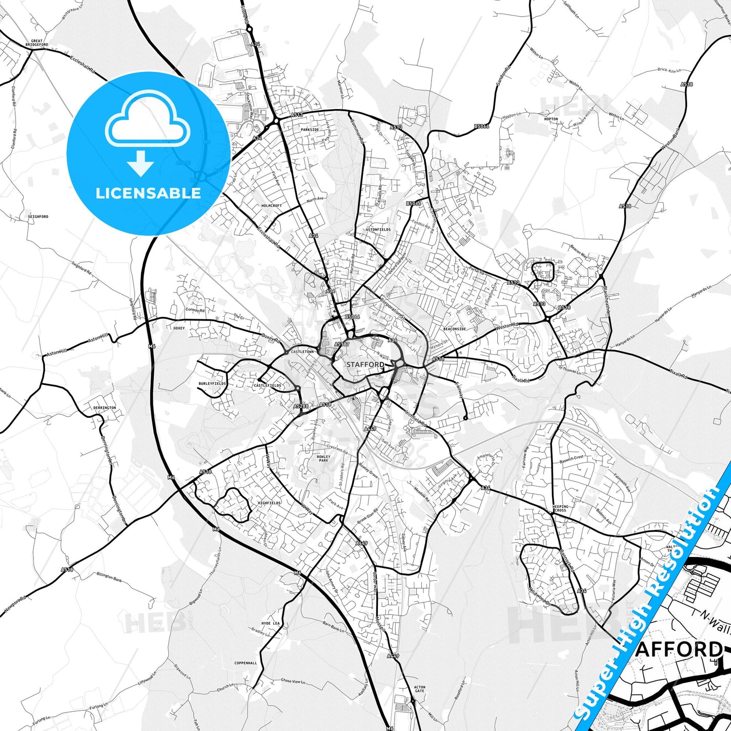 Stafford, England Light Map with Street Names, City Names, and Districts