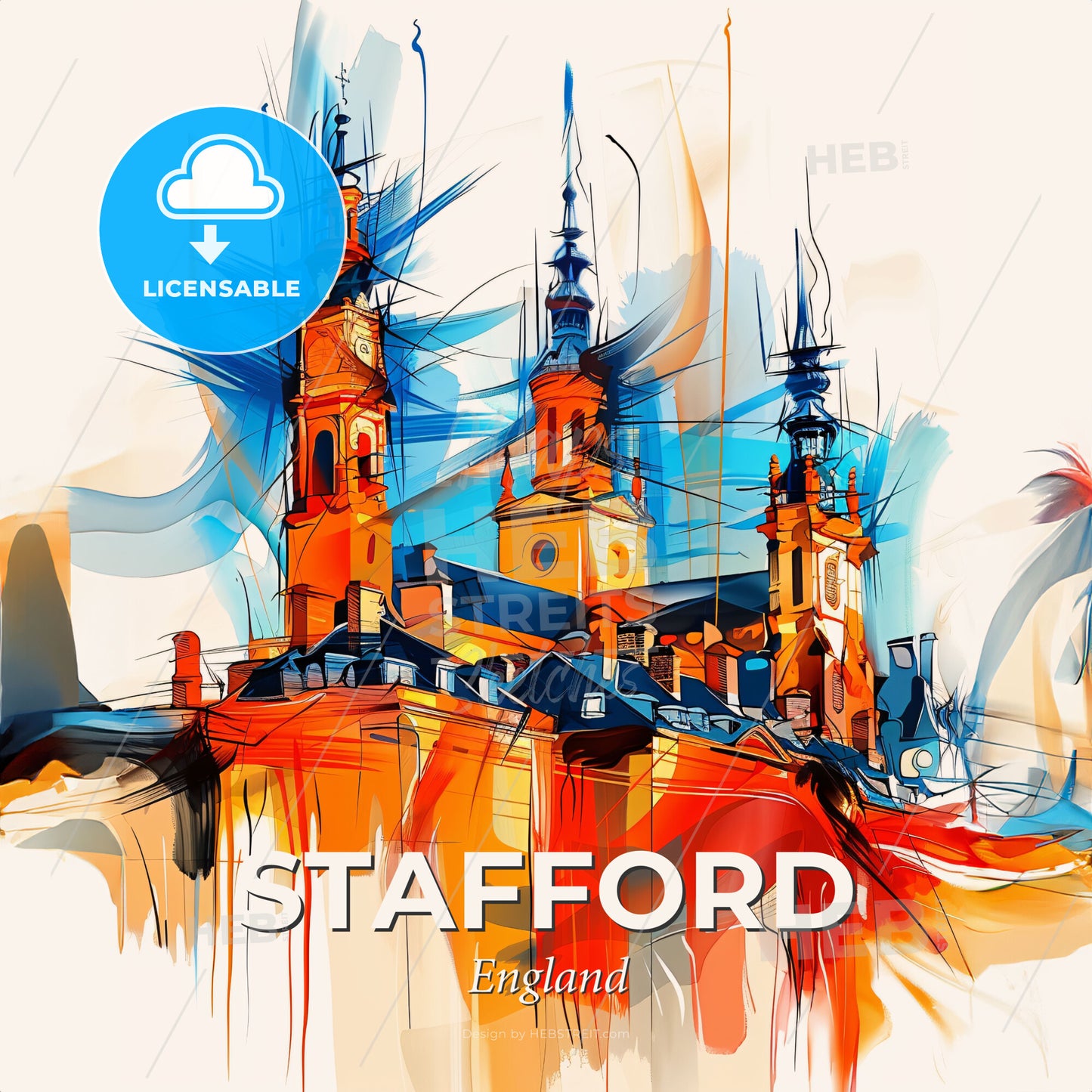 Vibrant Stafford, England - A Painting Of A Building With Towers - Square format print template