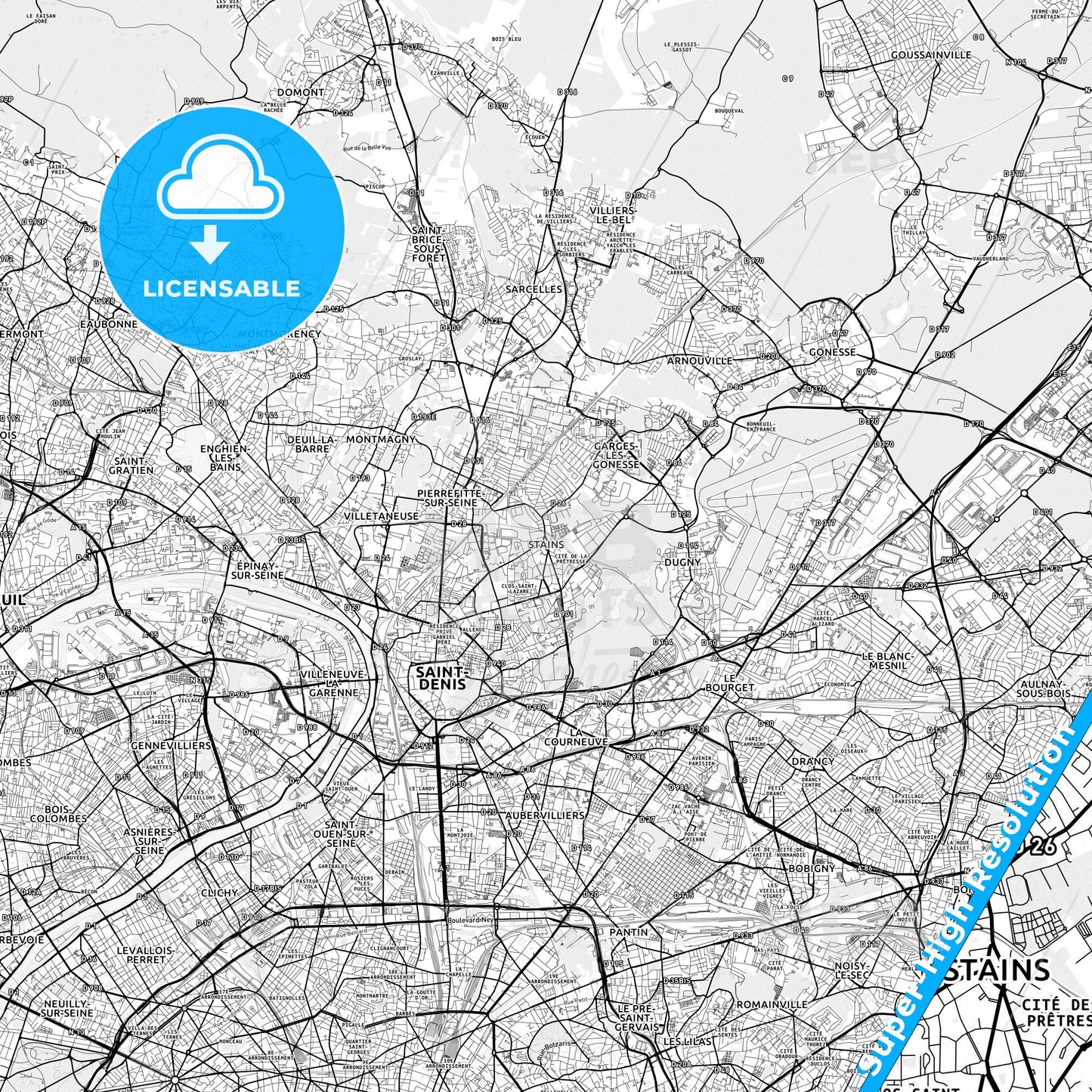 Stains, France light map with streetnames, citynames and districts