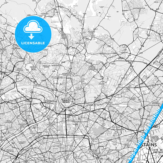 Stains, France light map with streetnames, citynames and districts