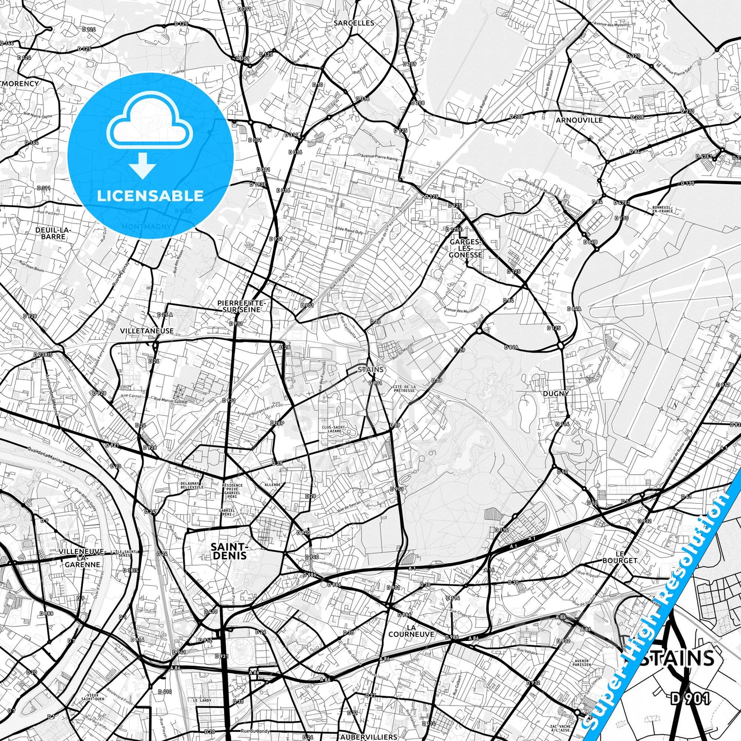 Stains, France Light Map with Street Names, City Names, and Districts