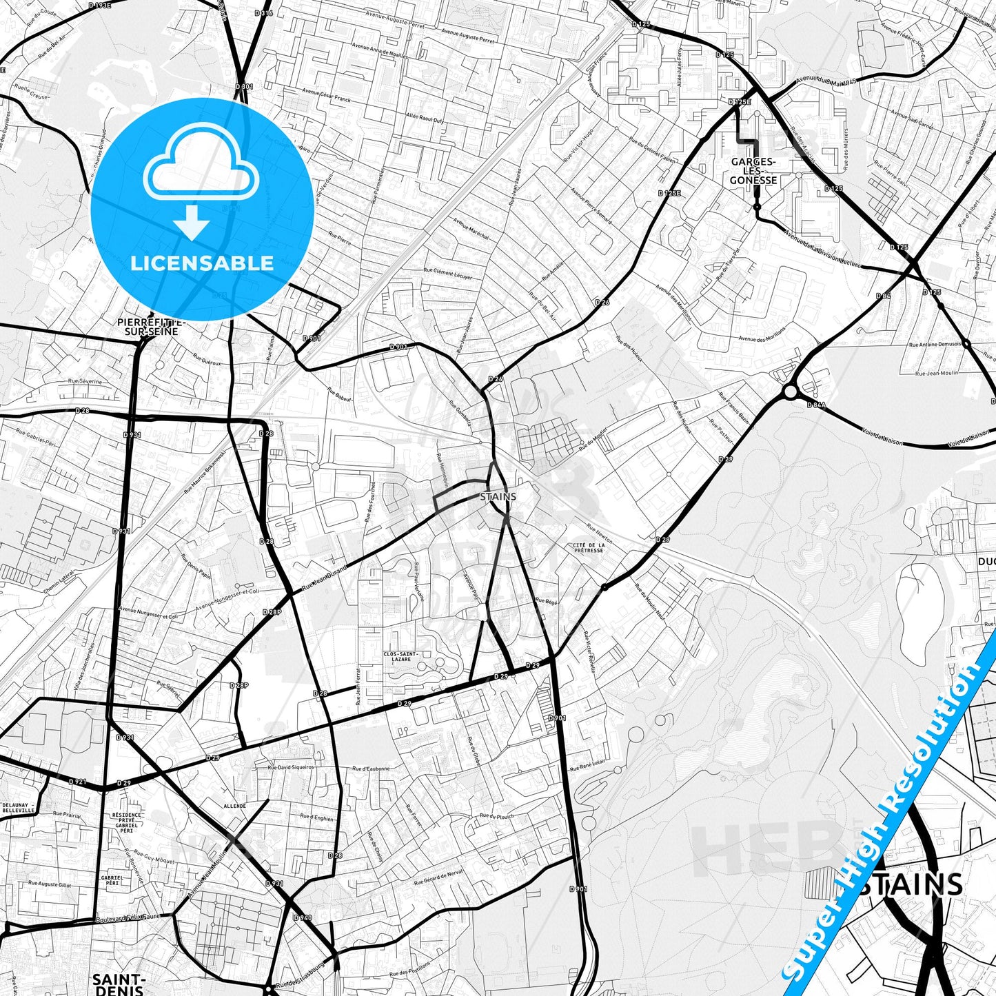 Stains, France Light Map with Street Names, City Names, and Districts