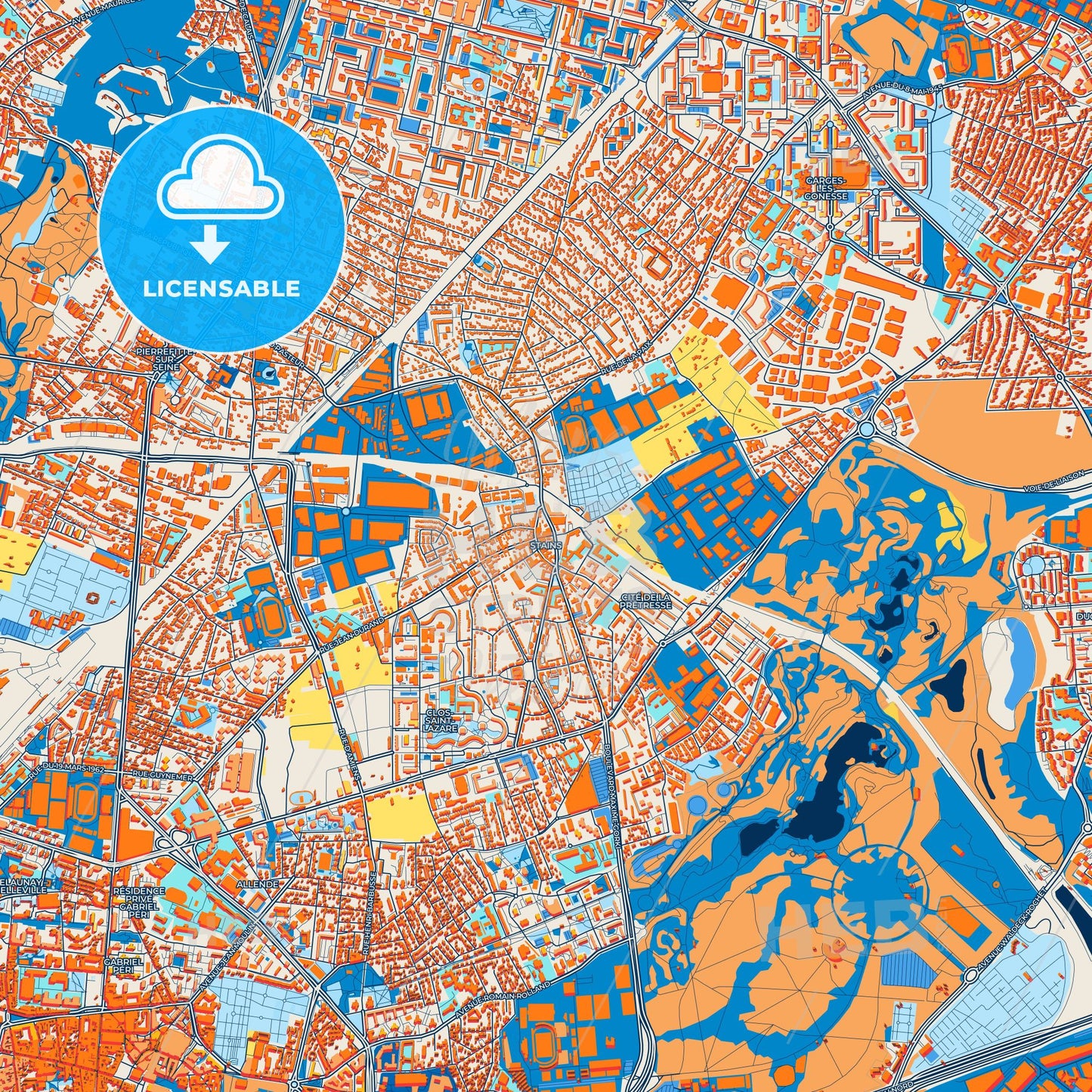 Colorful Stains Street Map with Labels and Buildings