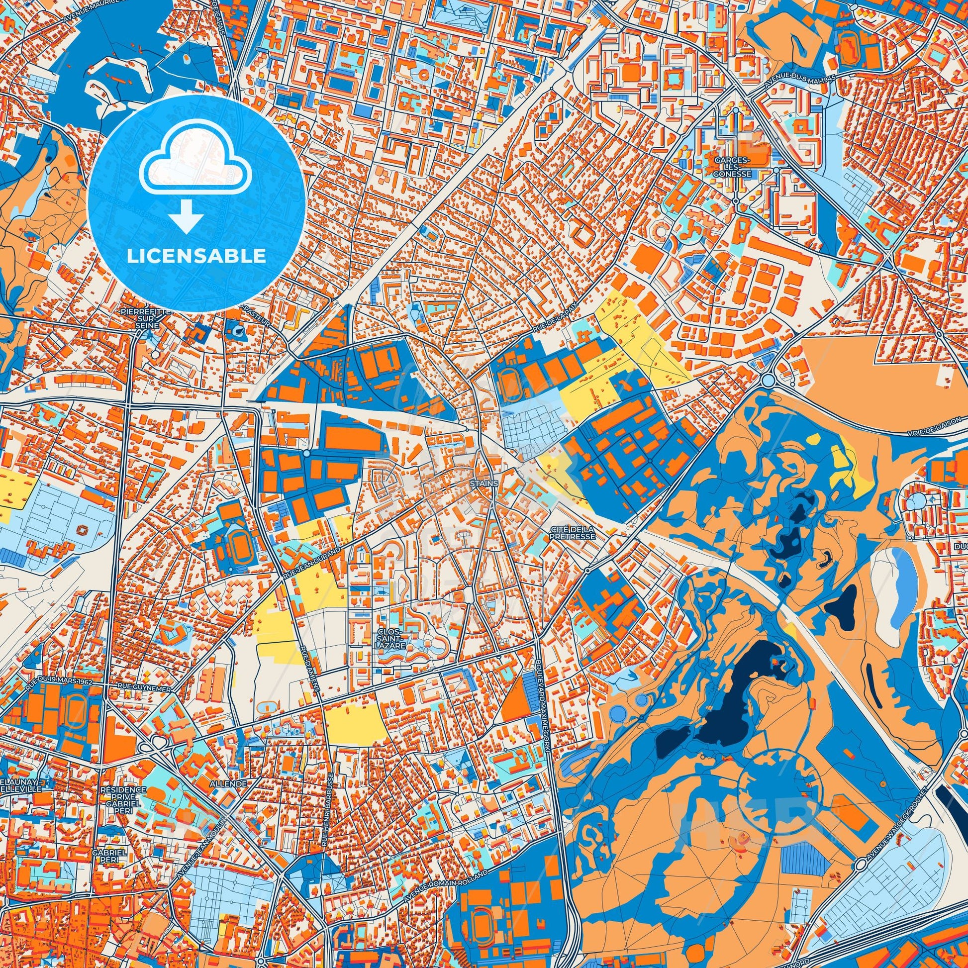 Colorful Stains Street Map with Labels and Buildings