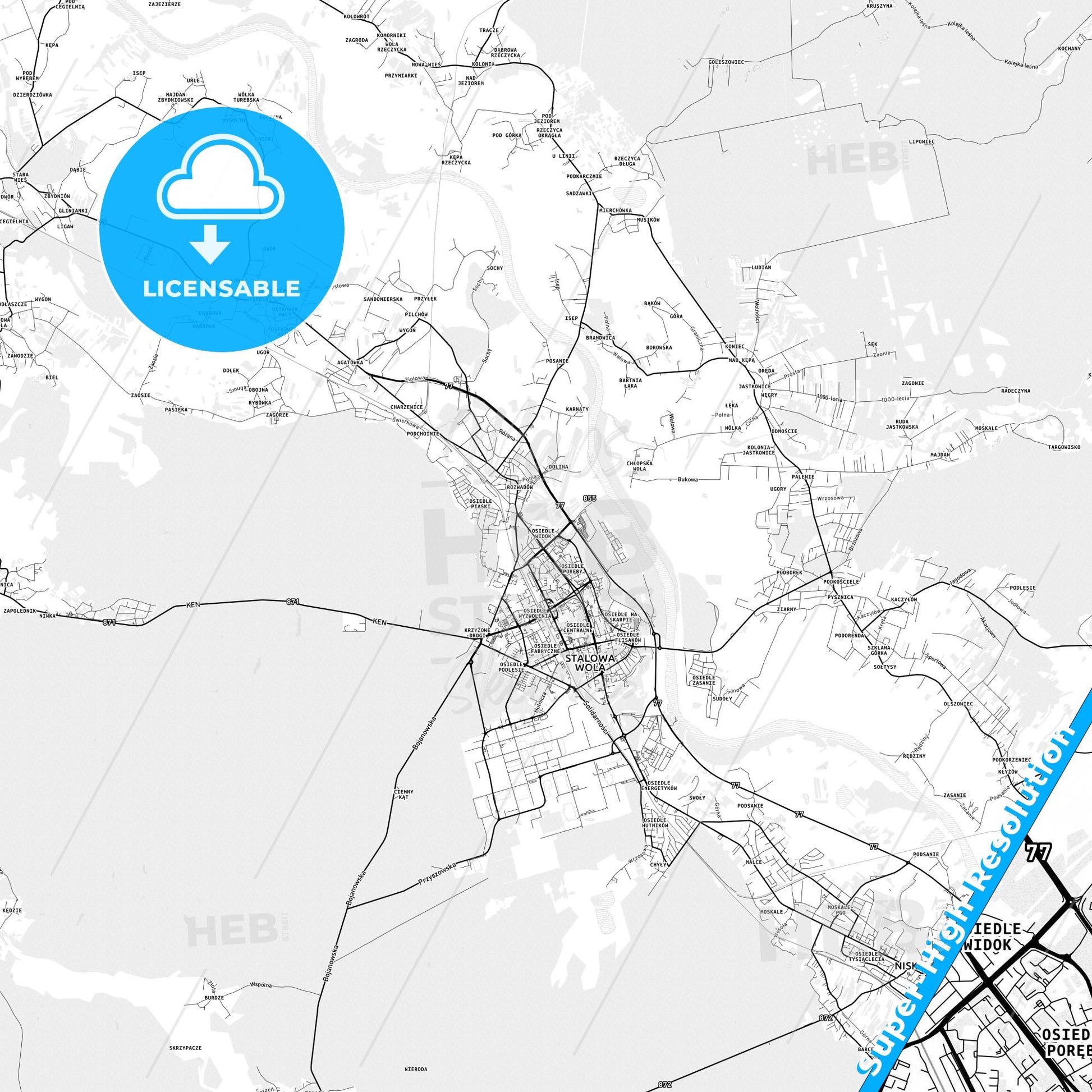 Stalowa Wola, Poland light map with streetnames, citynames and districts