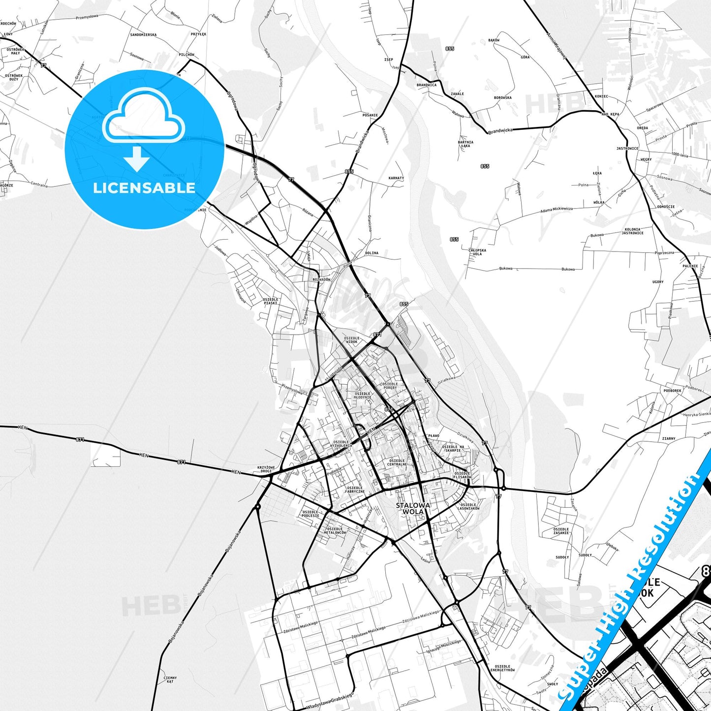 Stalowa Wola, Poland Light Map with Street Names, City Names, and Districts