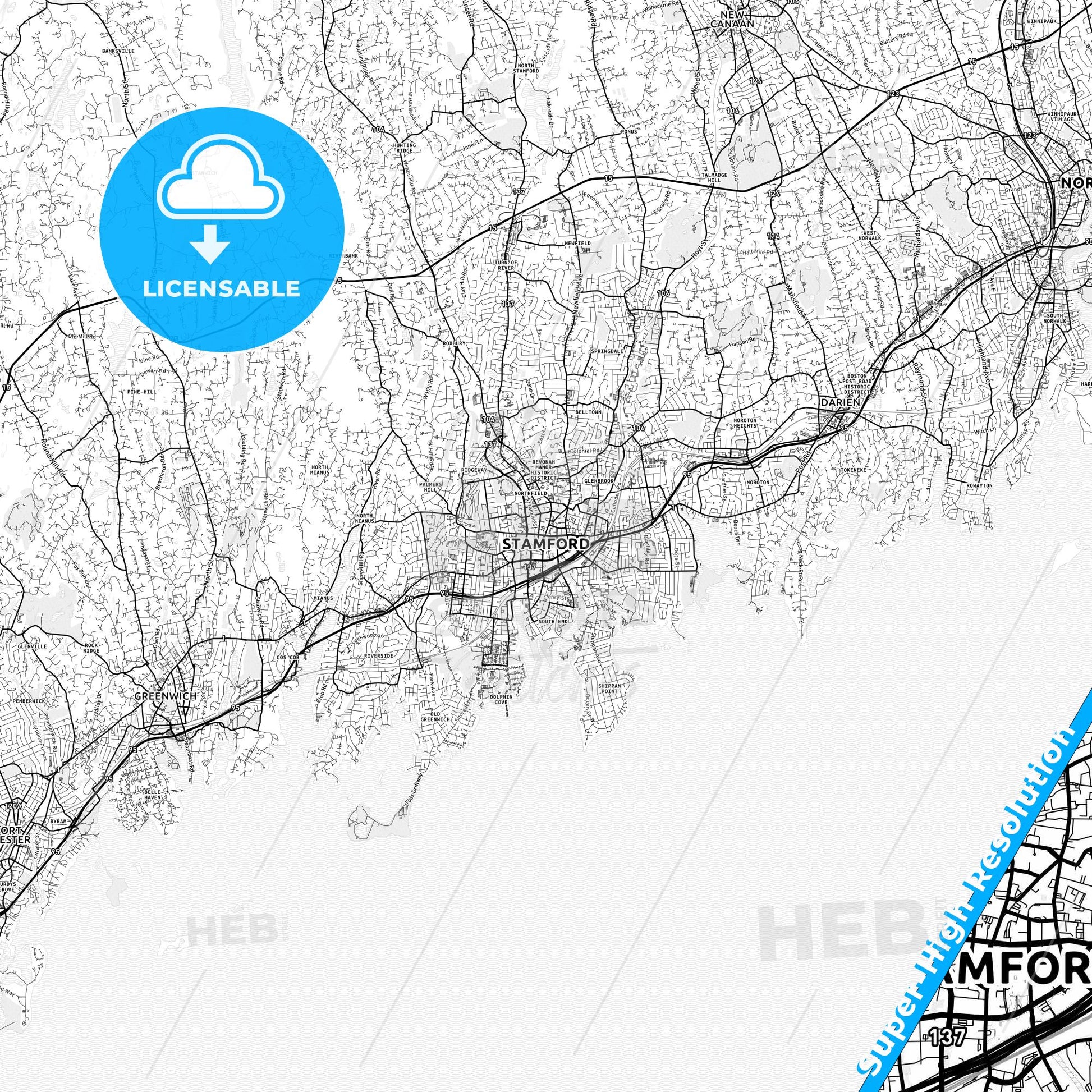 Stamford, Connecticut light map with streetnames, citynames and districts