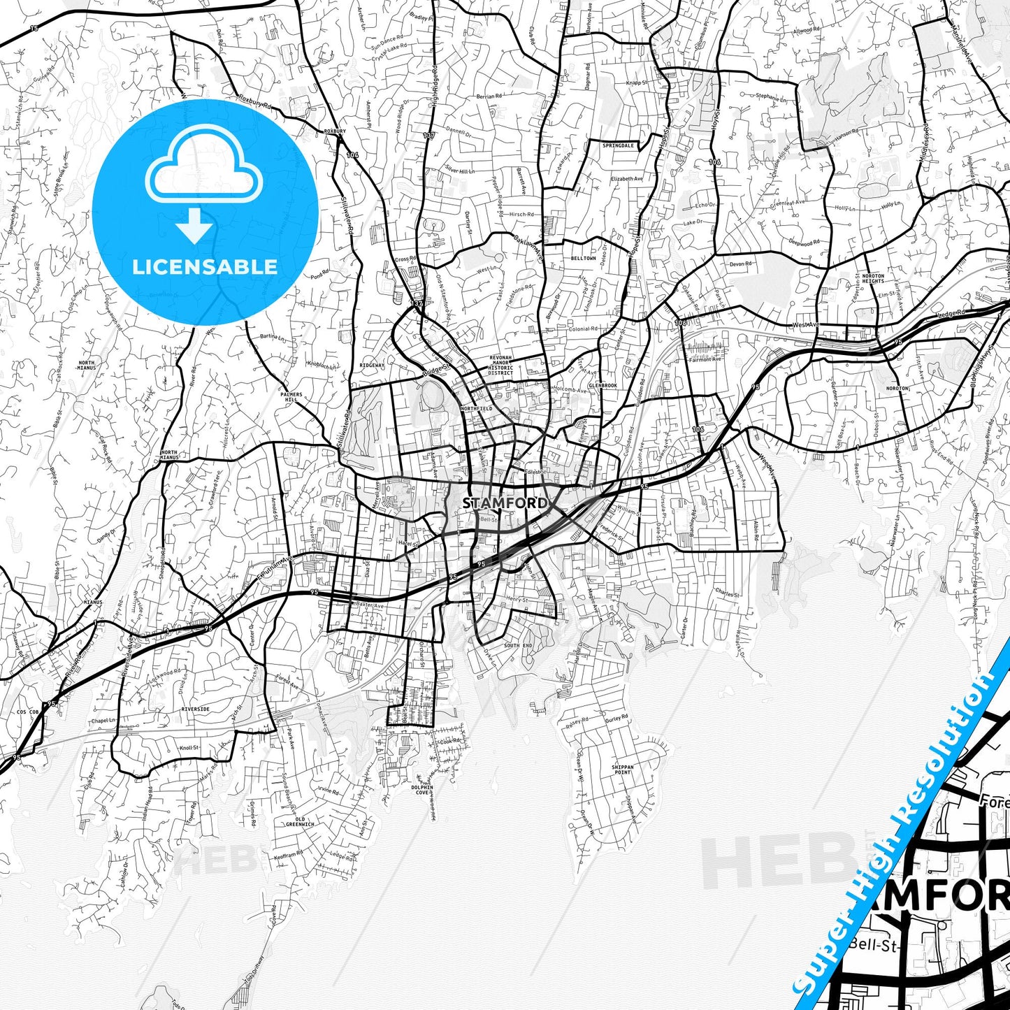 Stamford, Connecticut Light Map with Street Names, City Names, and Districts