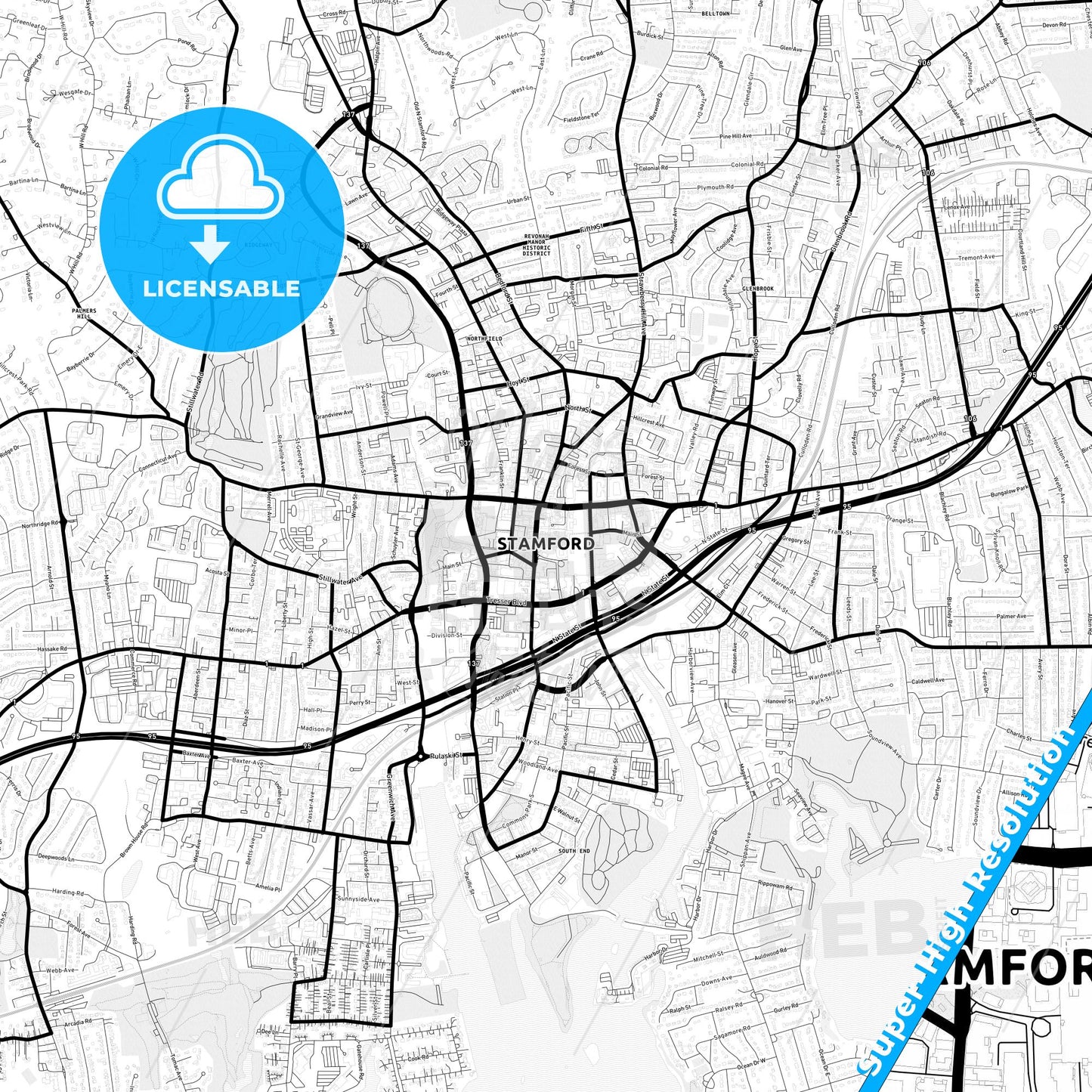 Stamford, Connecticut Light Map with Street Names, City Names, and Districts