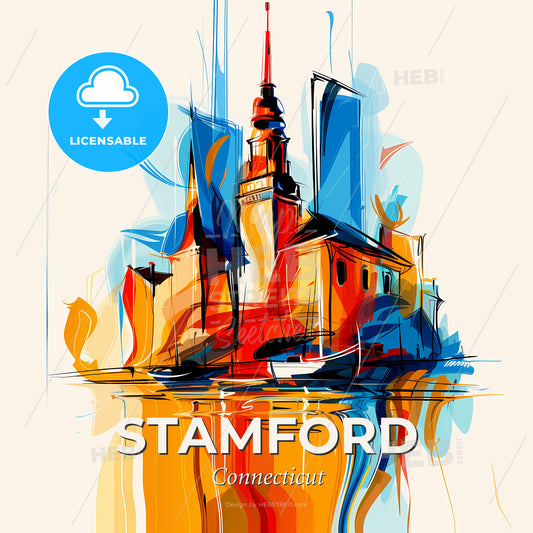 Vibrant Stamford, Connecticut - A Painting Of A Building With A Tower And A Boat In The Water - Square format print template