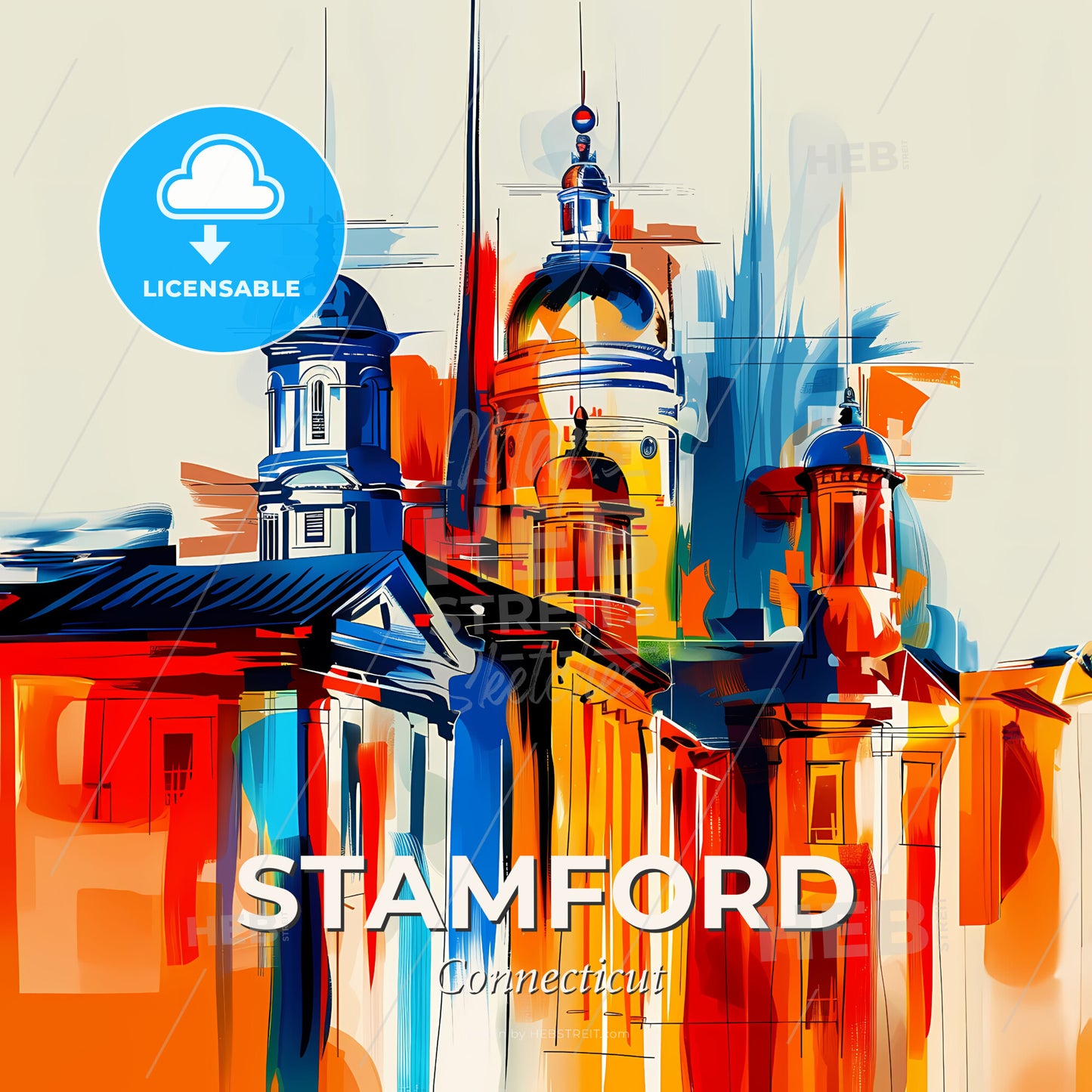 Vibrant Stamford, Connecticut - A Colorful Painting Of Buildings - Square format print template