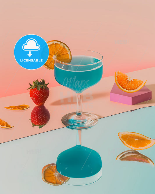 Isometric Perspective: Modern Still Life - Sleek and Vibrant Artistic Composition with Blue Drink, Dried Orange Slice, and Minimalist Setup