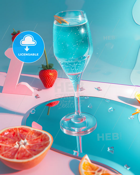 Isometric Angle Still Life: Modern Trendy Glass of Blue Drink with Dried Orange Slice, Strawberry on Pink Pedestal, and Vibrant Art Aspect