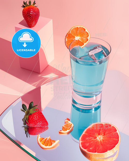 Vibrant, Isometric Still Life: Glass of Blue Drink with Dried Orange Slice, Pink Pedestal, Peeling Orange Segments on Sleek Background