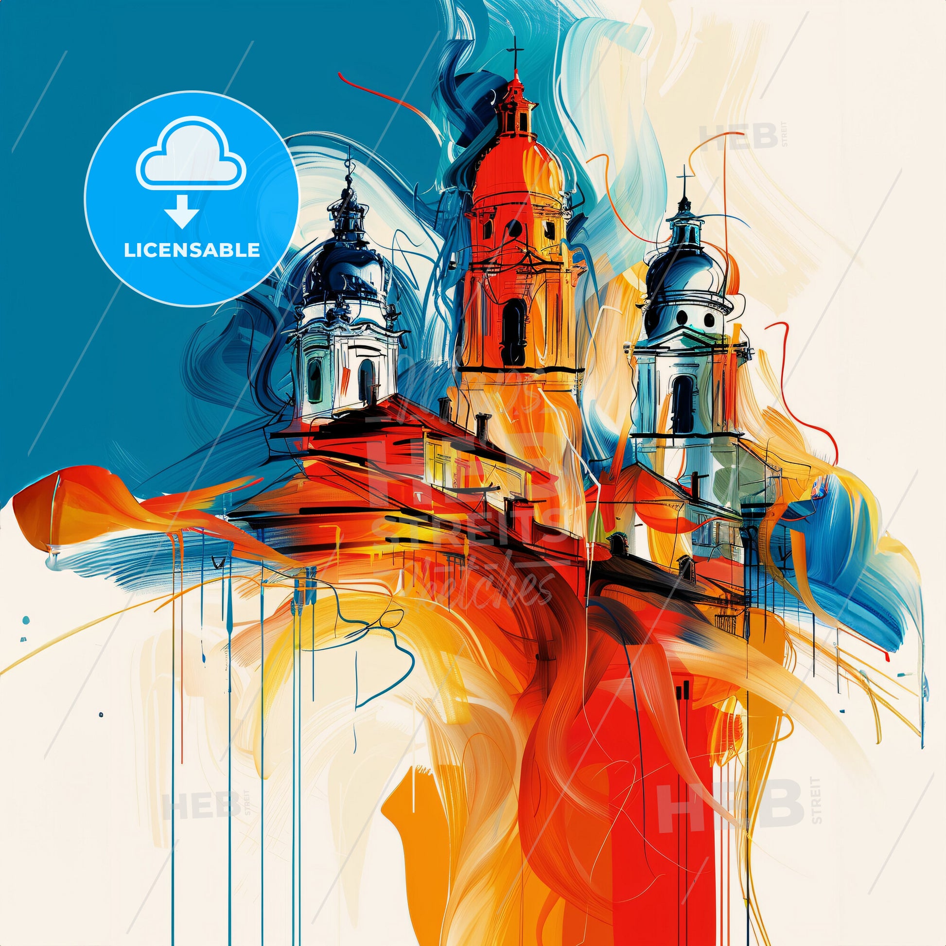 Vibrant Стара Загора, Bulgaria - A Painting Of A Building With Towers And A Fire