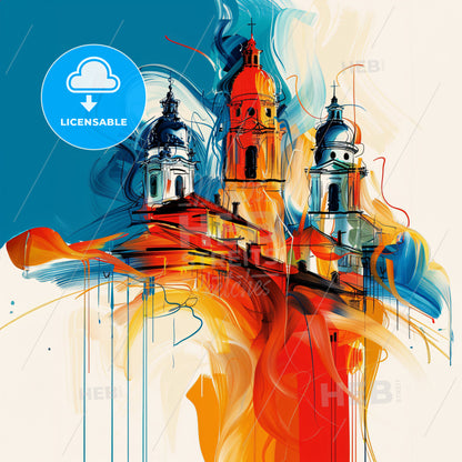 Vibrant Стара Загора, Bulgaria - A Painting Of A Building With Towers And A Fire