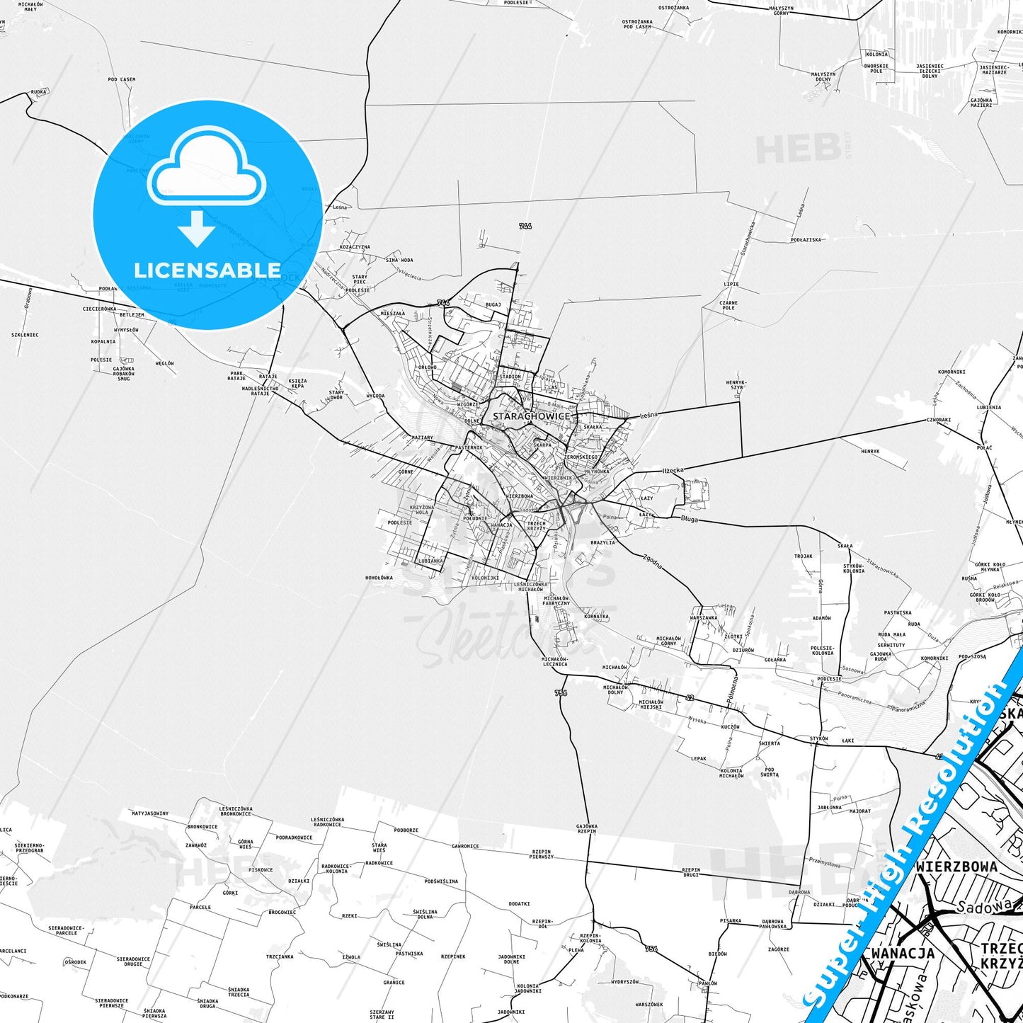 Starachowice, Poland light map with streetnames, citynames and districts