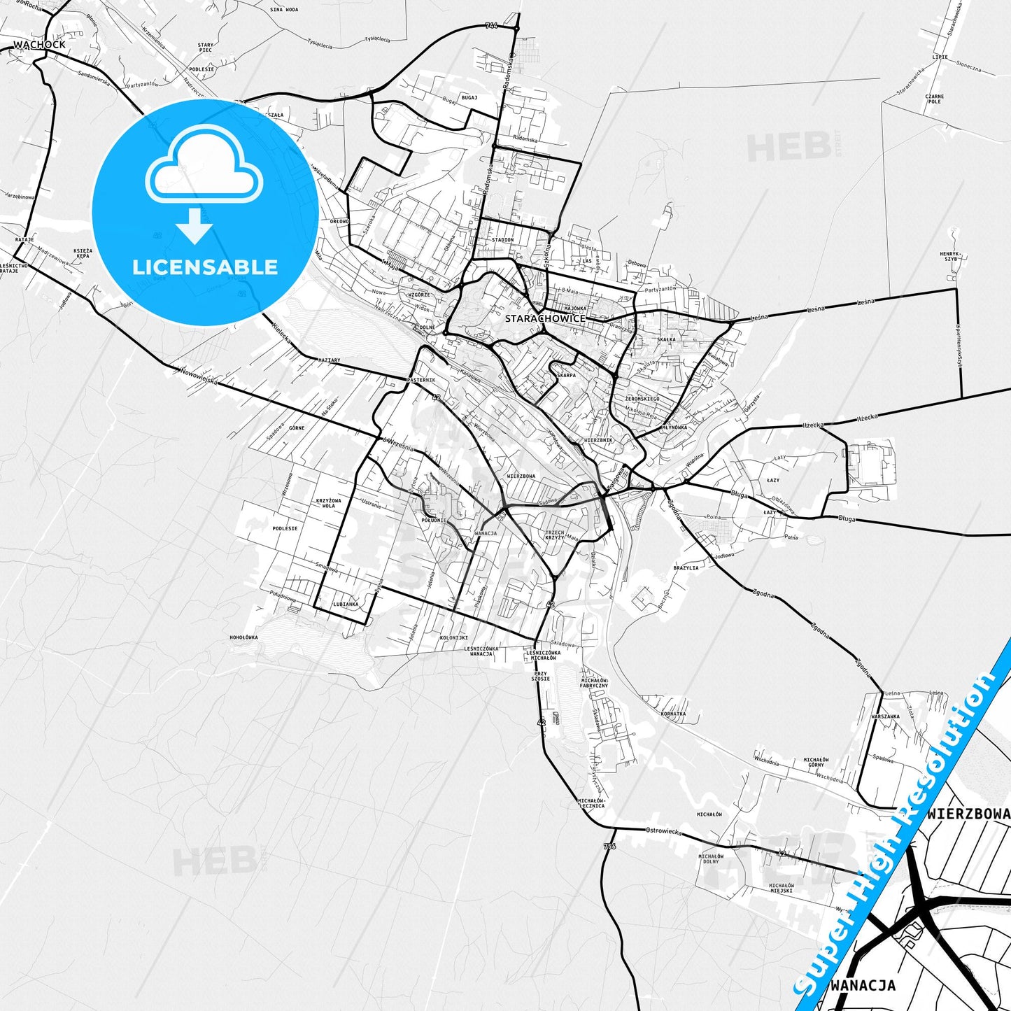 Starachowice, Poland Light Map with Street Names, City Names, and Districts