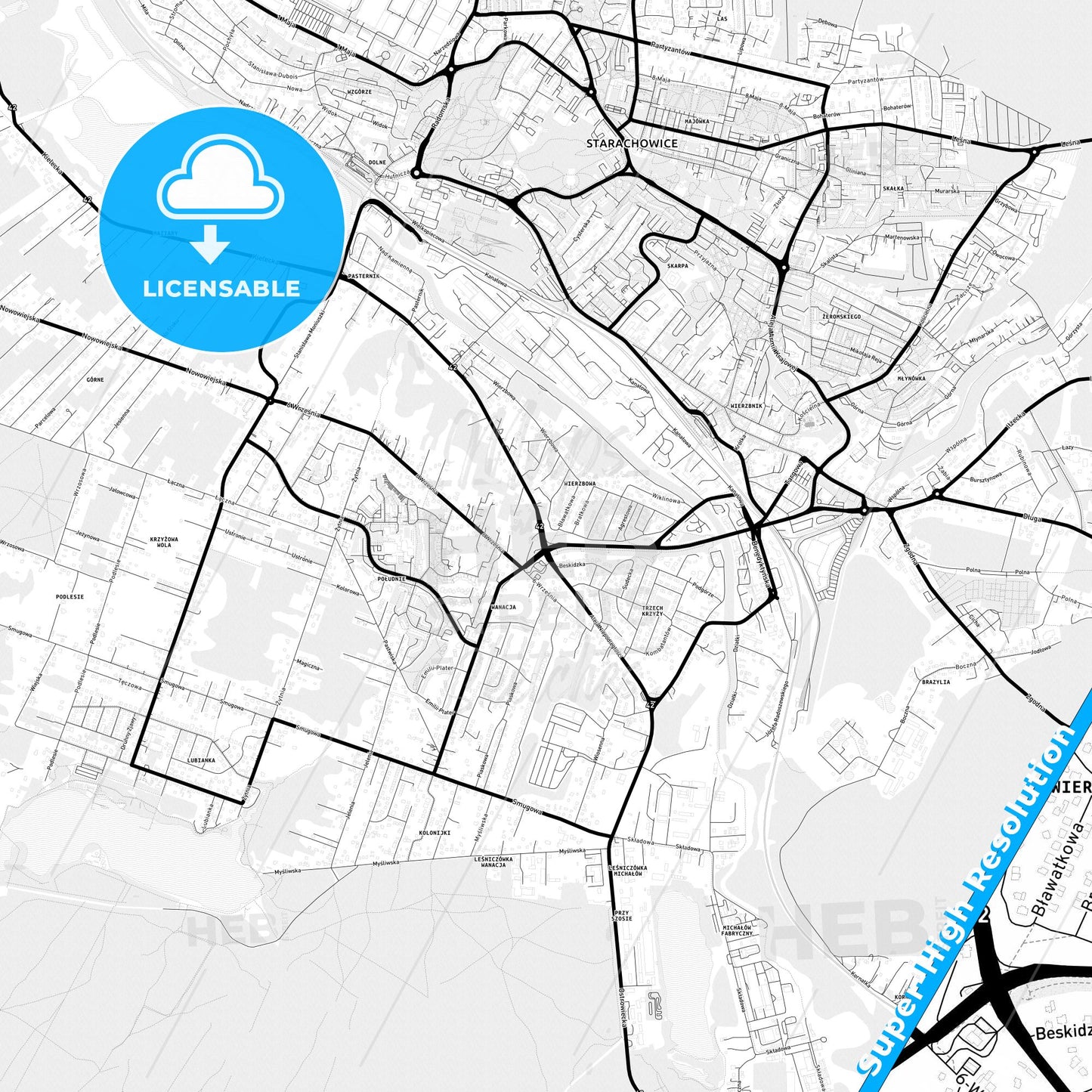 Starachowice, Poland Light Map with Street Names, City Names, and Districts
