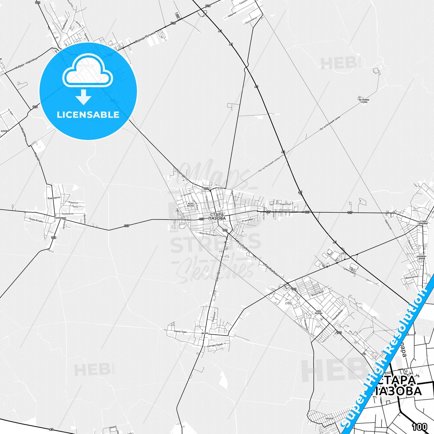 Stara Pazova, Serbia light map with streetnames, citynames and districts