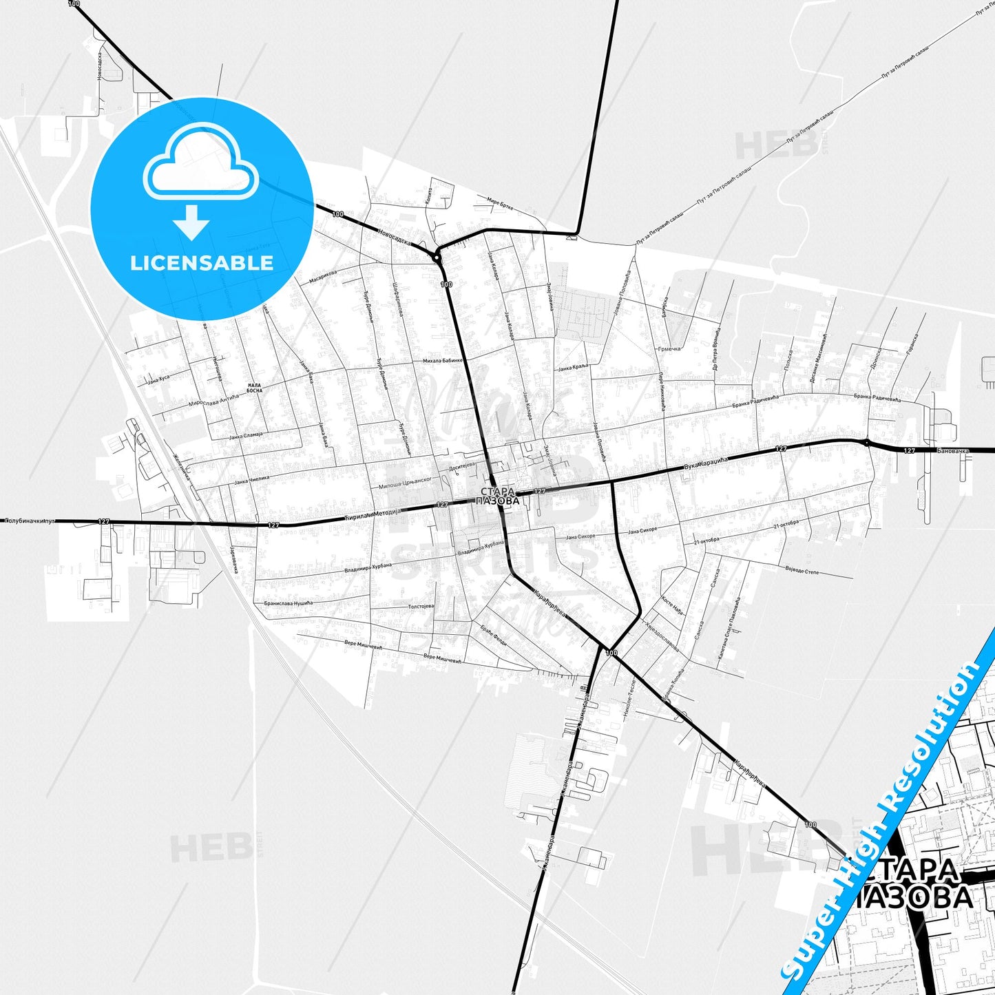 Stara Pazova, Serbia Light Map with Street Names, City Names, and Districts