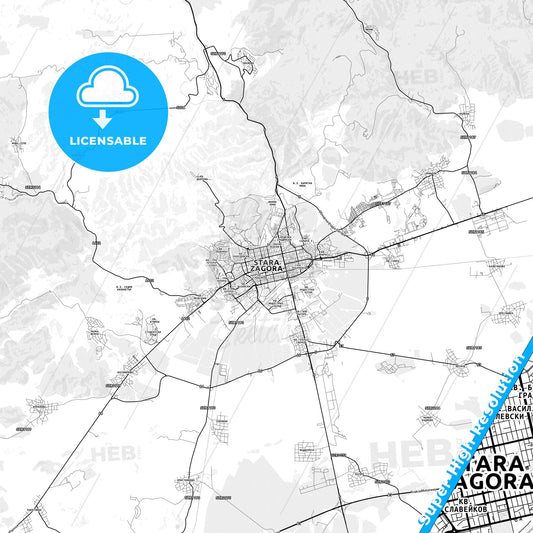 Stara Zagora, Bulgaria light map with streetnames, citynames and districts