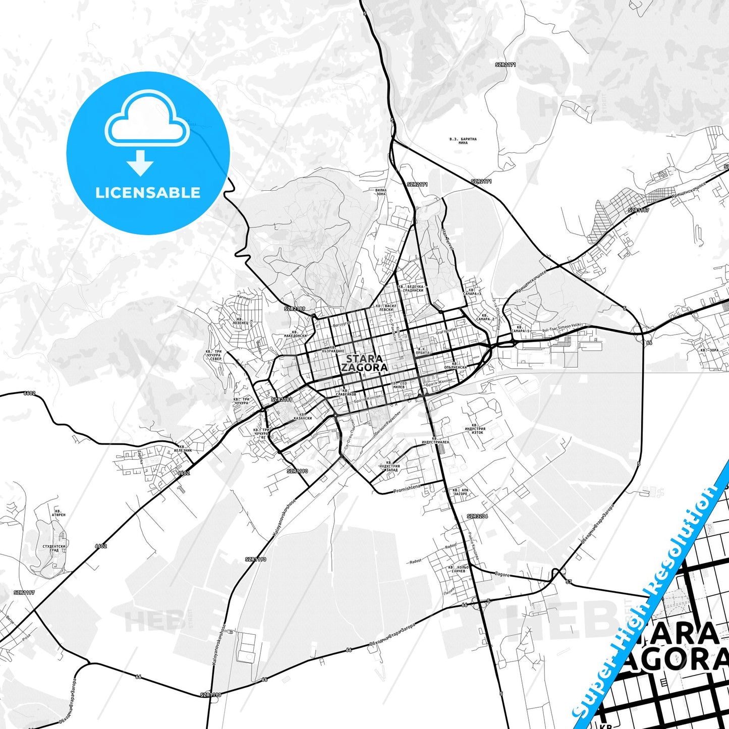 Stara Zagora, Bulgaria Light Map with Street Names, City Names, and Districts