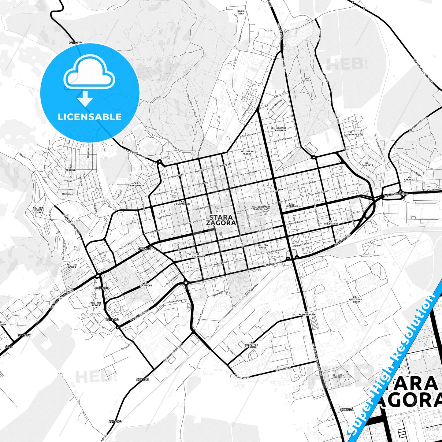 Stara Zagora, Bulgaria Light Map with Street Names, City Names, and Districts