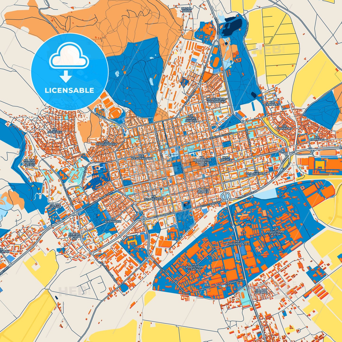 Colorful Stara Zagora Street Map with Labels and Buildings