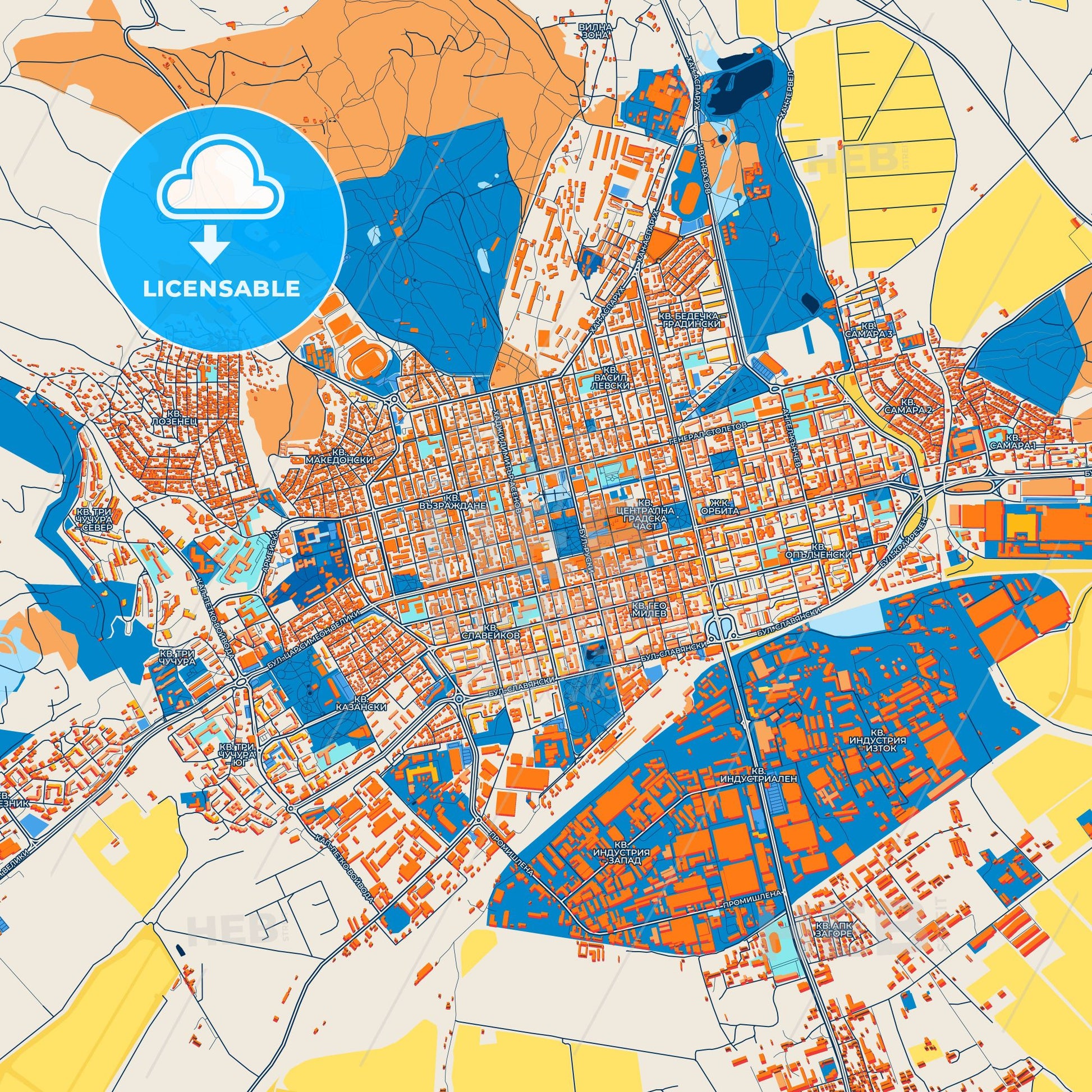Colorful Stara Zagora Street Map with Labels and Buildings