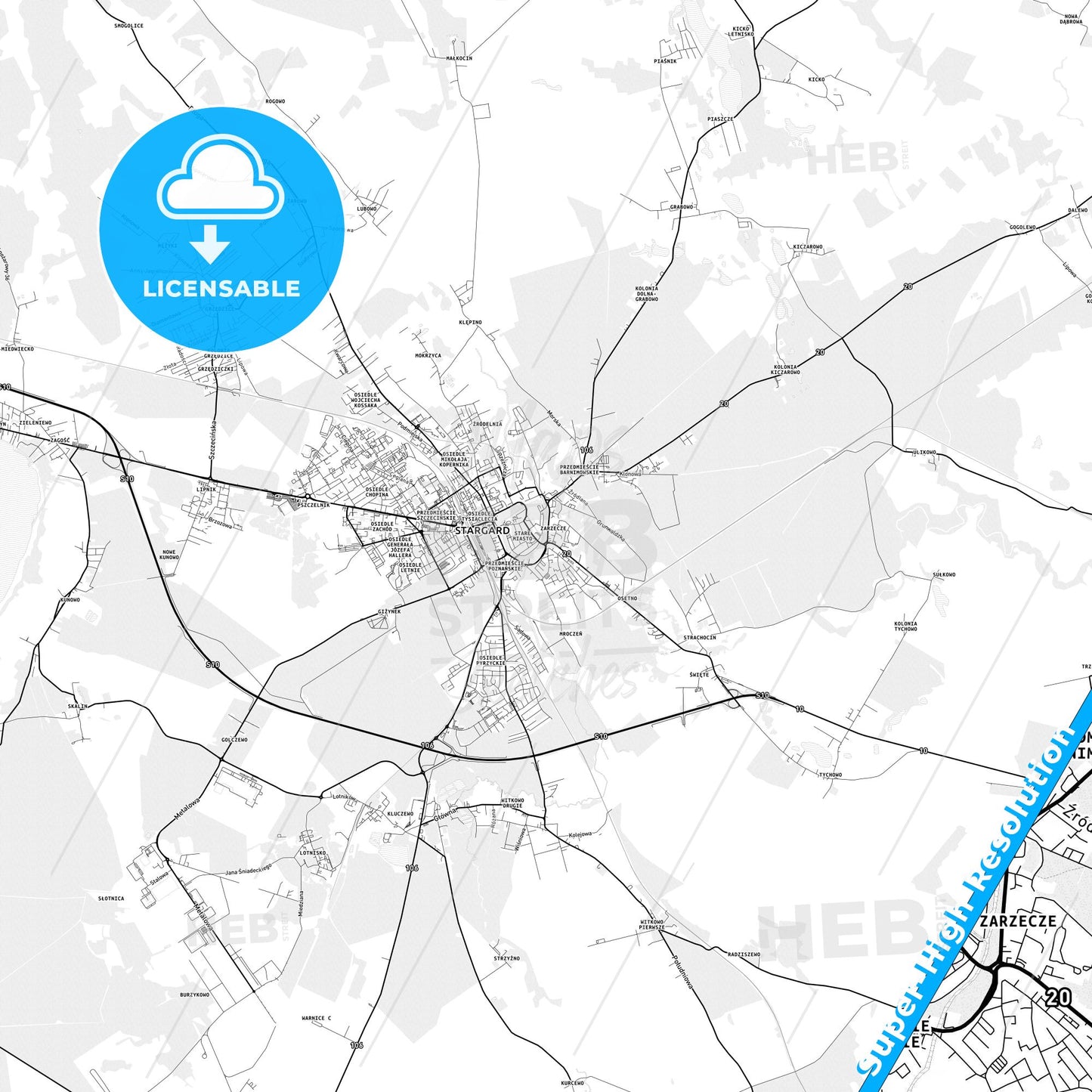 Stargard, Poland light map with streetnames, citynames and districts
