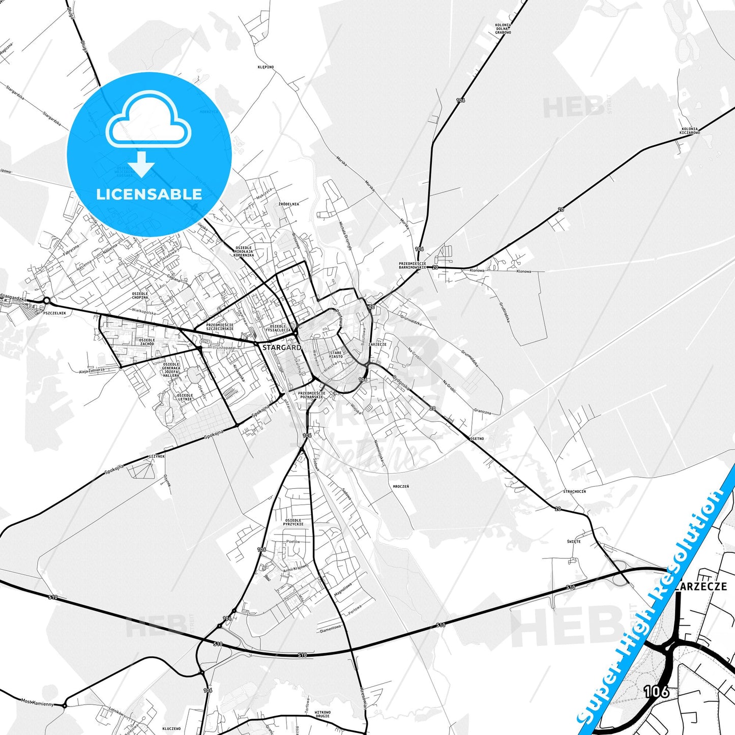 Stargard, Poland Light Map with Street Names, City Names, and Districts