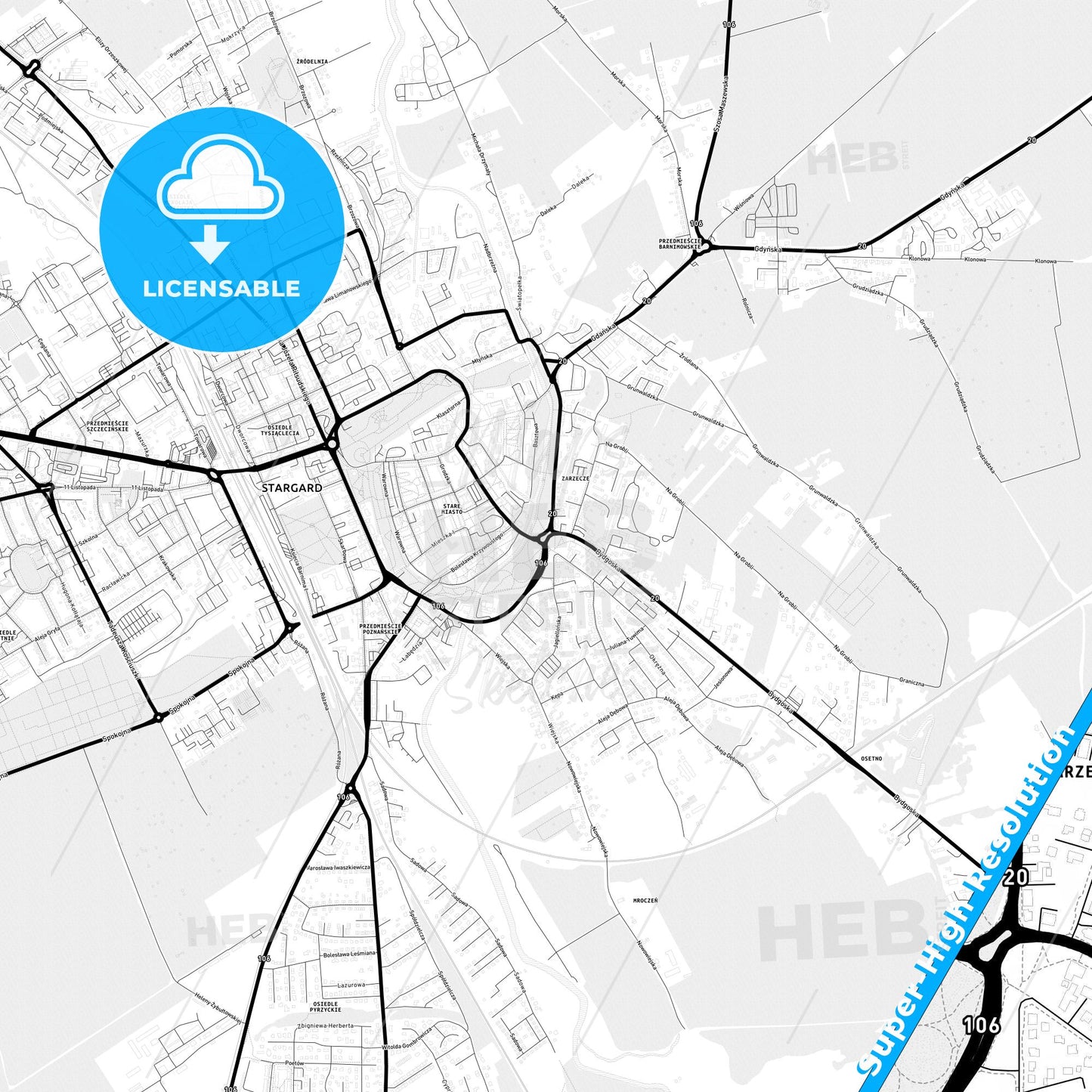 Stargard, Poland Light Map with Street Names, City Names, and Districts