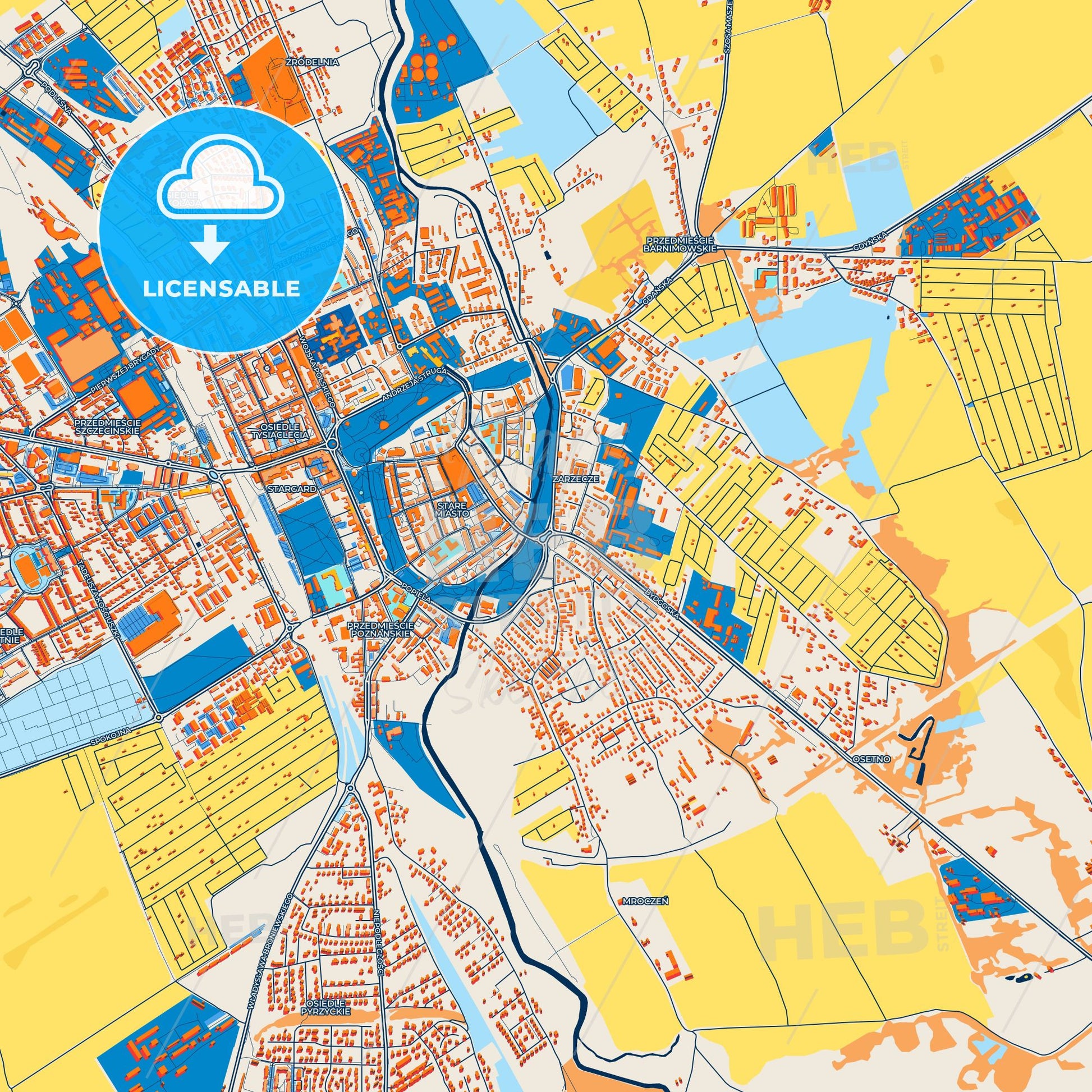 Colorful Stargard Street Map with Labels and Buildings