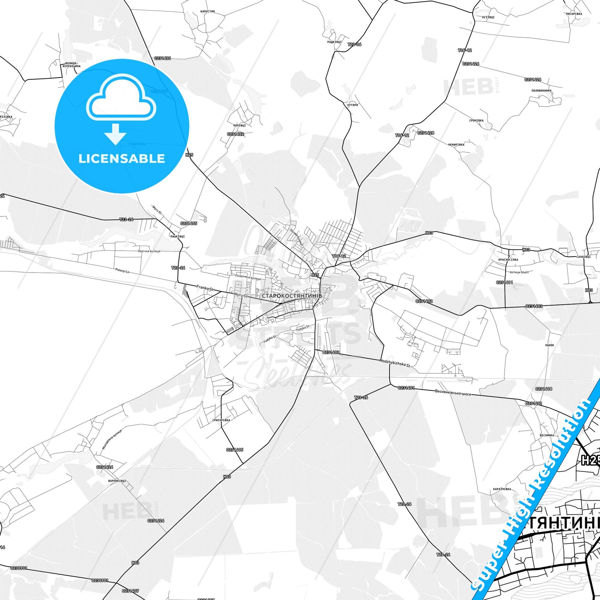 Starokostiantyniv, Ukraine light map with streetnames, citynames and districts