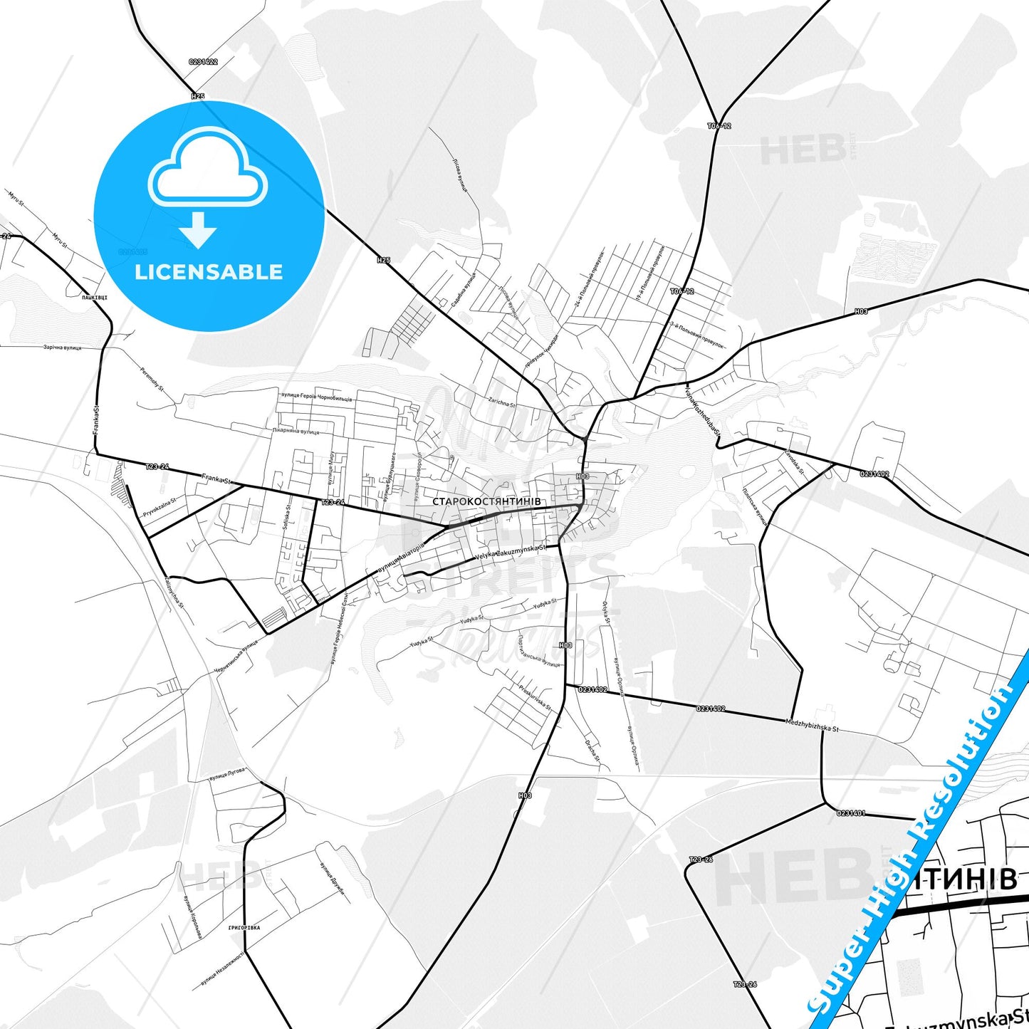 Starokostiantyniv, Ukraine Light Map with Street Names, City Names, and Districts