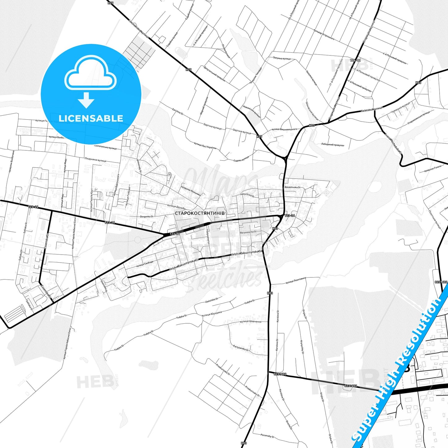 Starokostiantyniv, Ukraine Light Map with Street Names, City Names, and Districts
