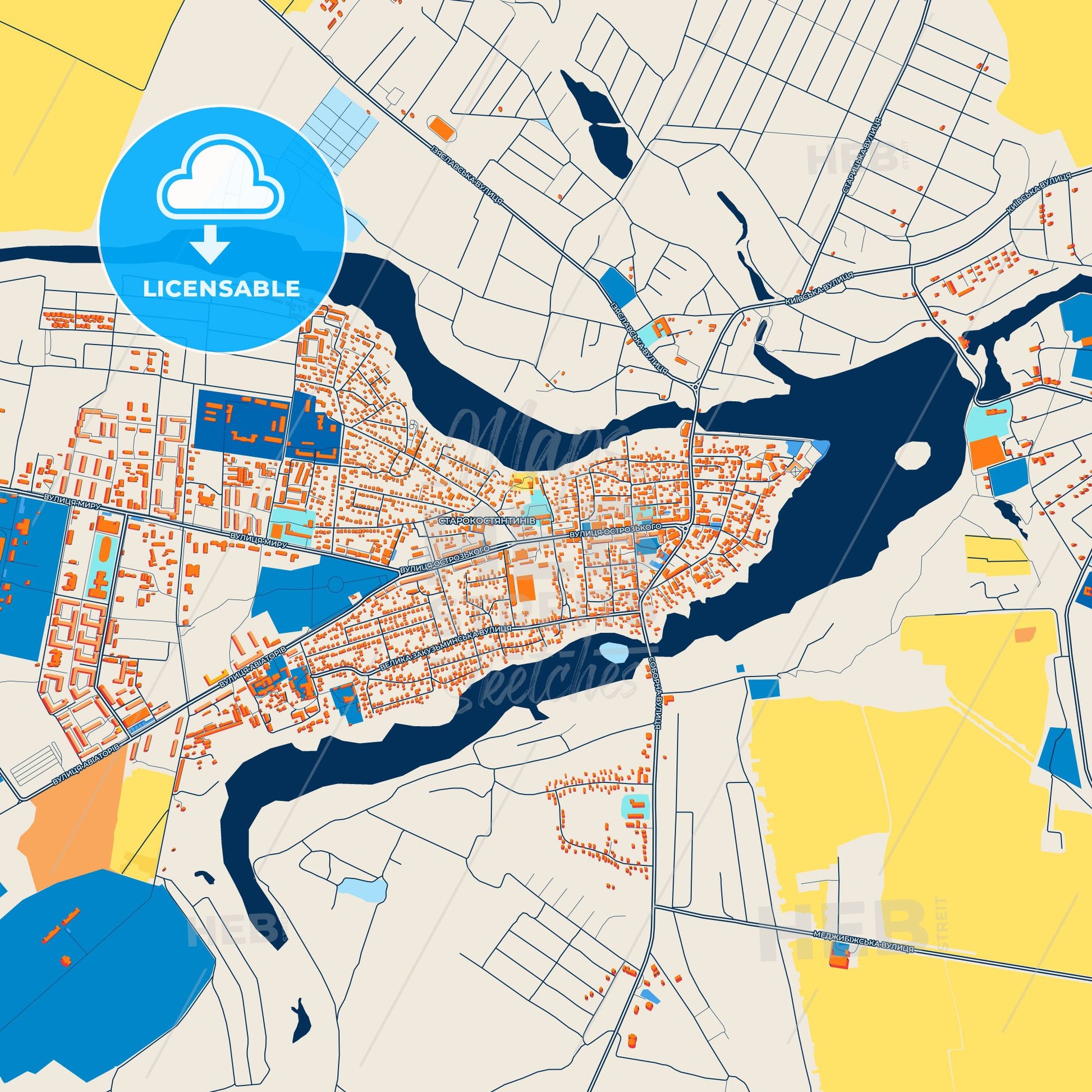 Colorful Starokostiantyniv Street Map with Labels and Buildings