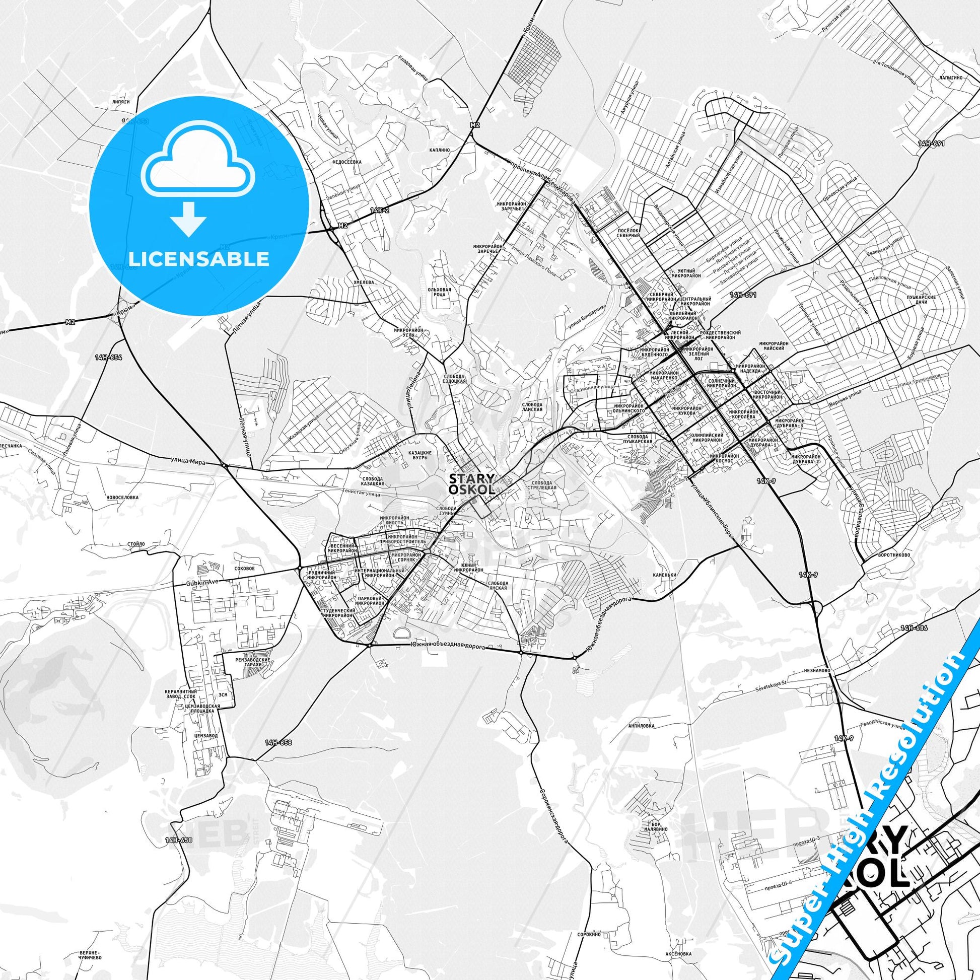 Stary Oskol, Russia light map with streetnames, citynames and districts