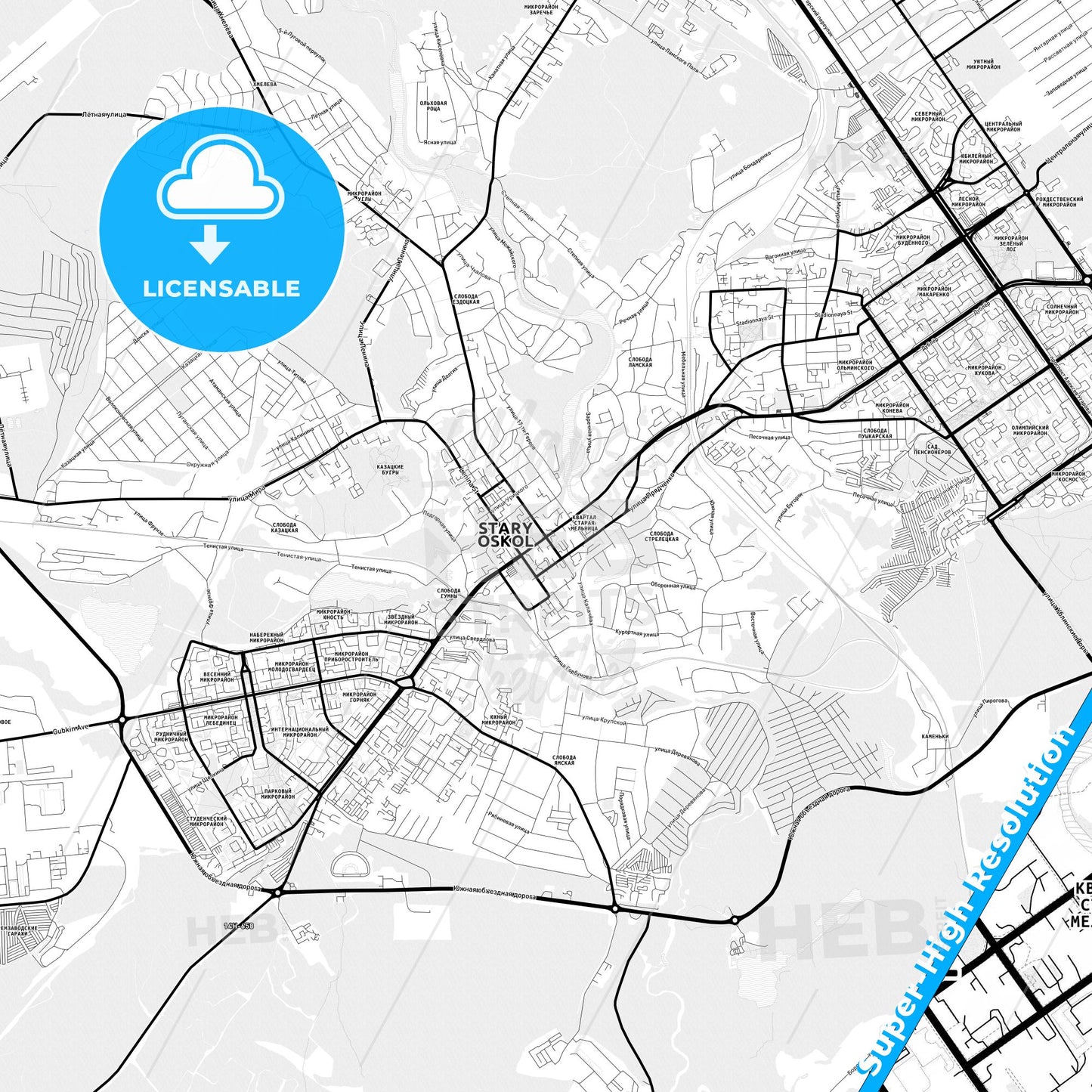 Stary Oskol, Russia Light Map with Street Names, City Names, and Districts