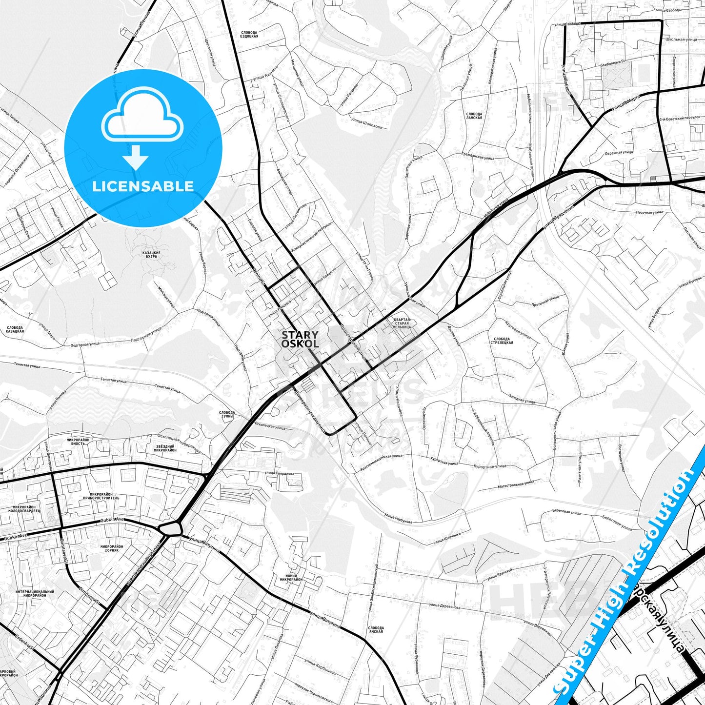 Stary Oskol, Russia Light Map with Street Names, City Names, and Districts