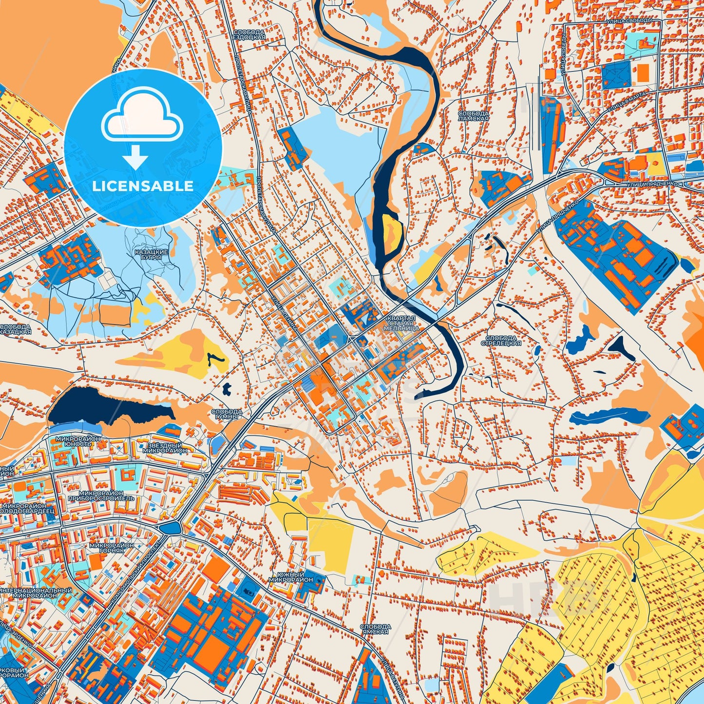 Colorful Stary Oskol Street Map with Labels and Buildings