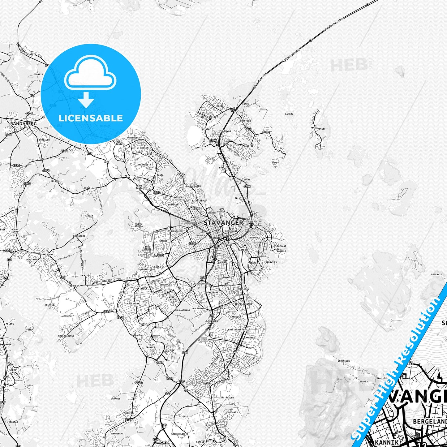 Stavanger, Norway light map with streetnames, citynames and districts