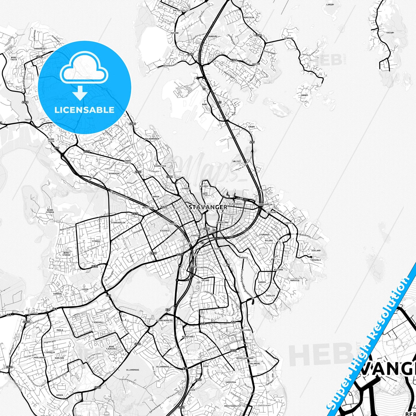 Stavanger, Norway Light Map with Street Names, City Names, and Districts