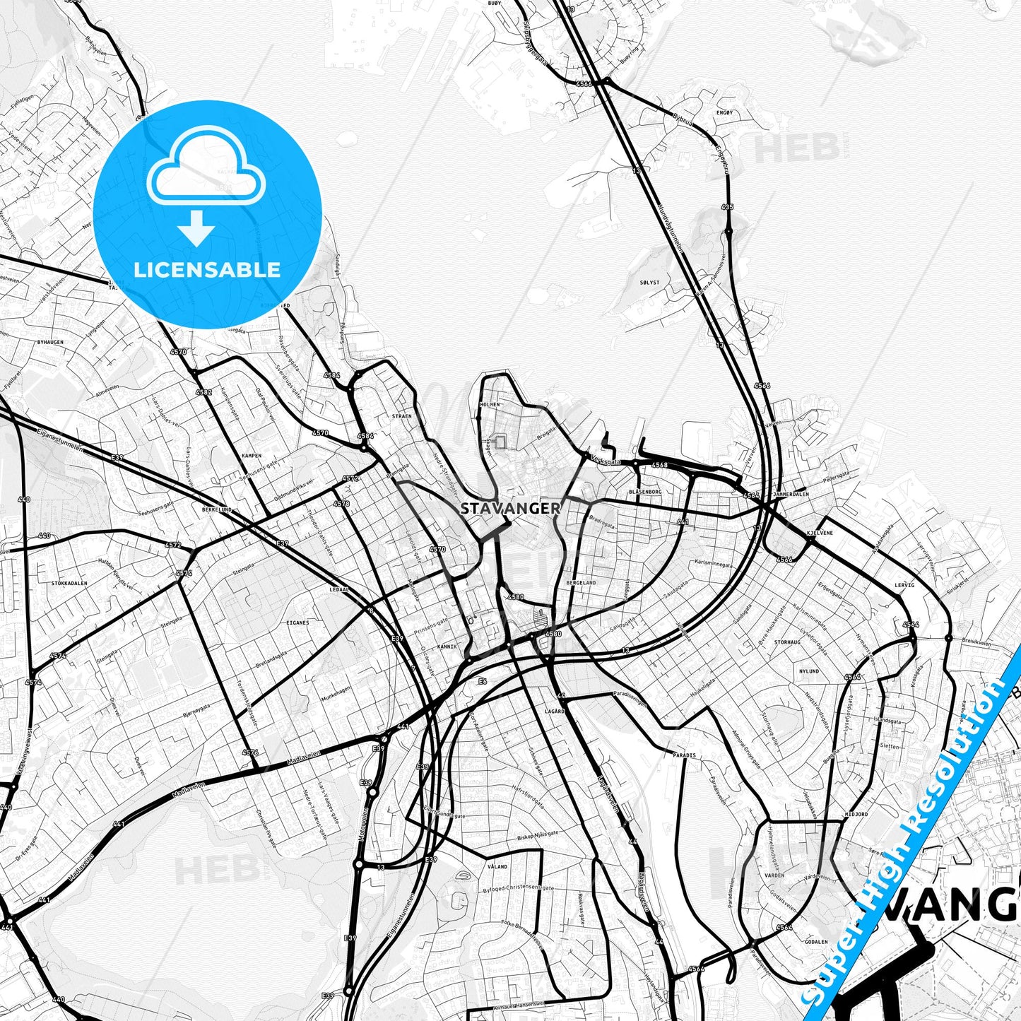 Stavanger, Norway Light Map with Street Names, City Names, and Districts